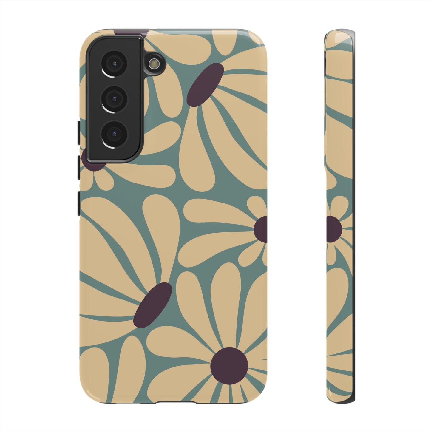 Samsung Galaxy S22 / Glossy Phone Case - ’Retro Cream & Blue Daisy Pattern’ Phone Case