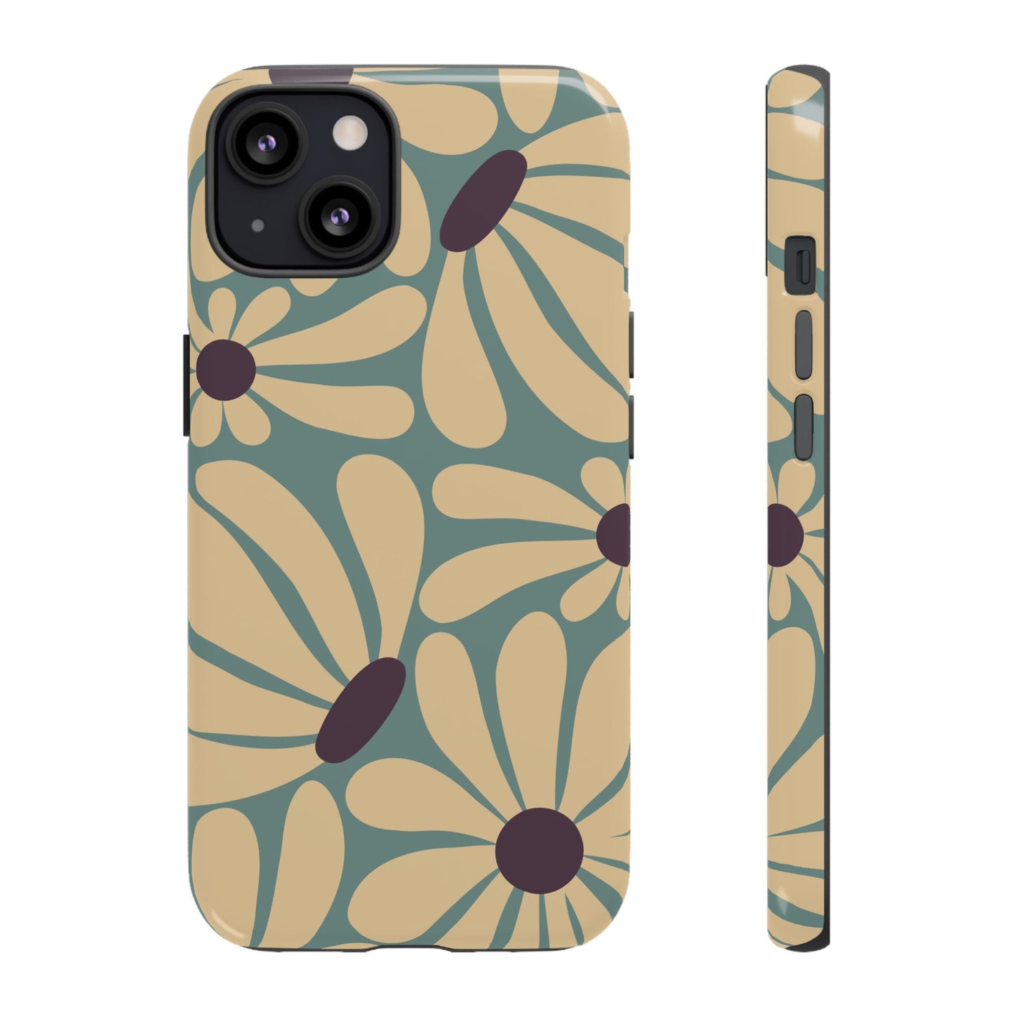 iPhone 13 / Glossy Phone Case - ’Retro Cream & Blue Daisy Pattern’ Phone Case