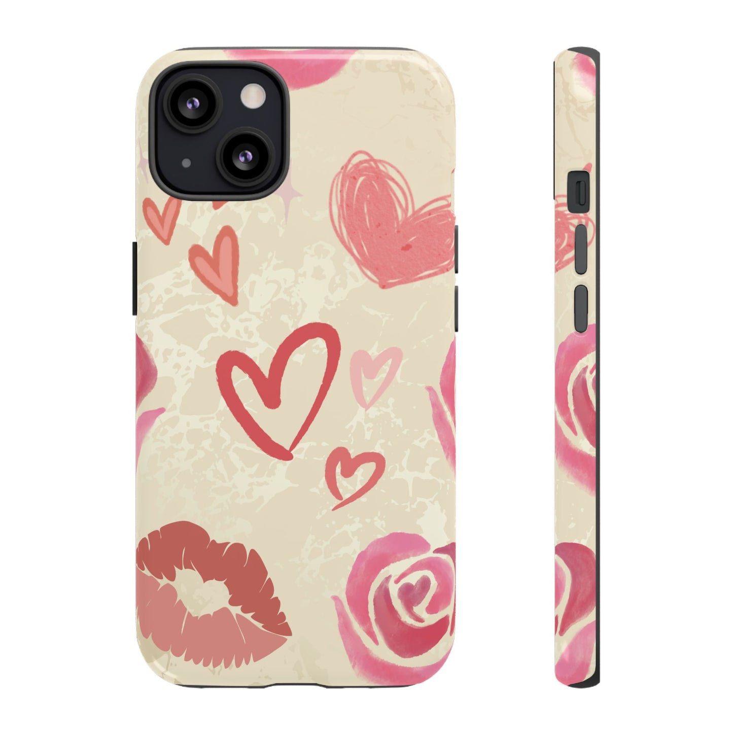 iPhone 13 / Glossy Phone Case - ’Pink Heart & Rose Pattern’ Phone Case