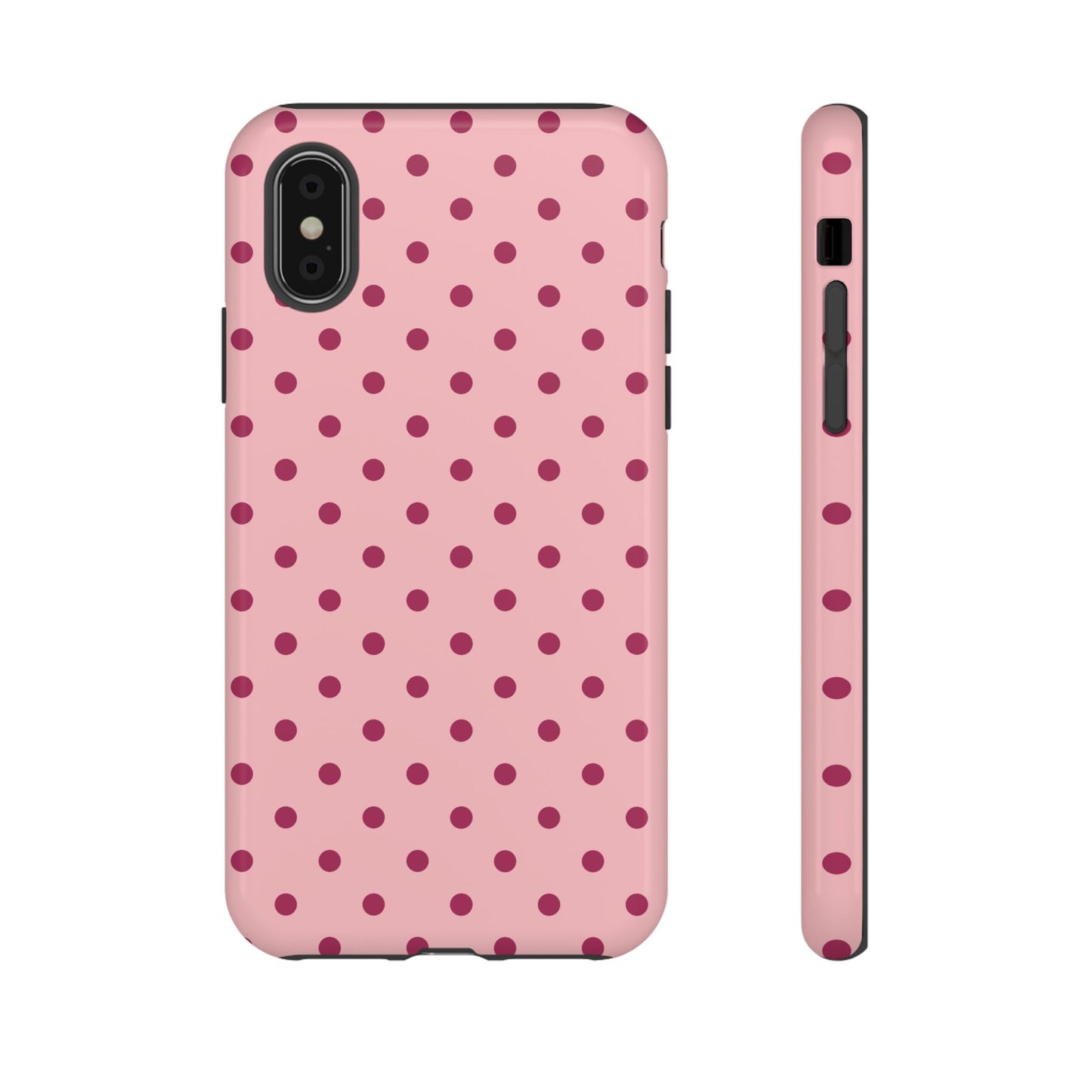 iPhone XS / Glossy Phone Case - ’Pink with Red Dot Pattern’ Phone Case