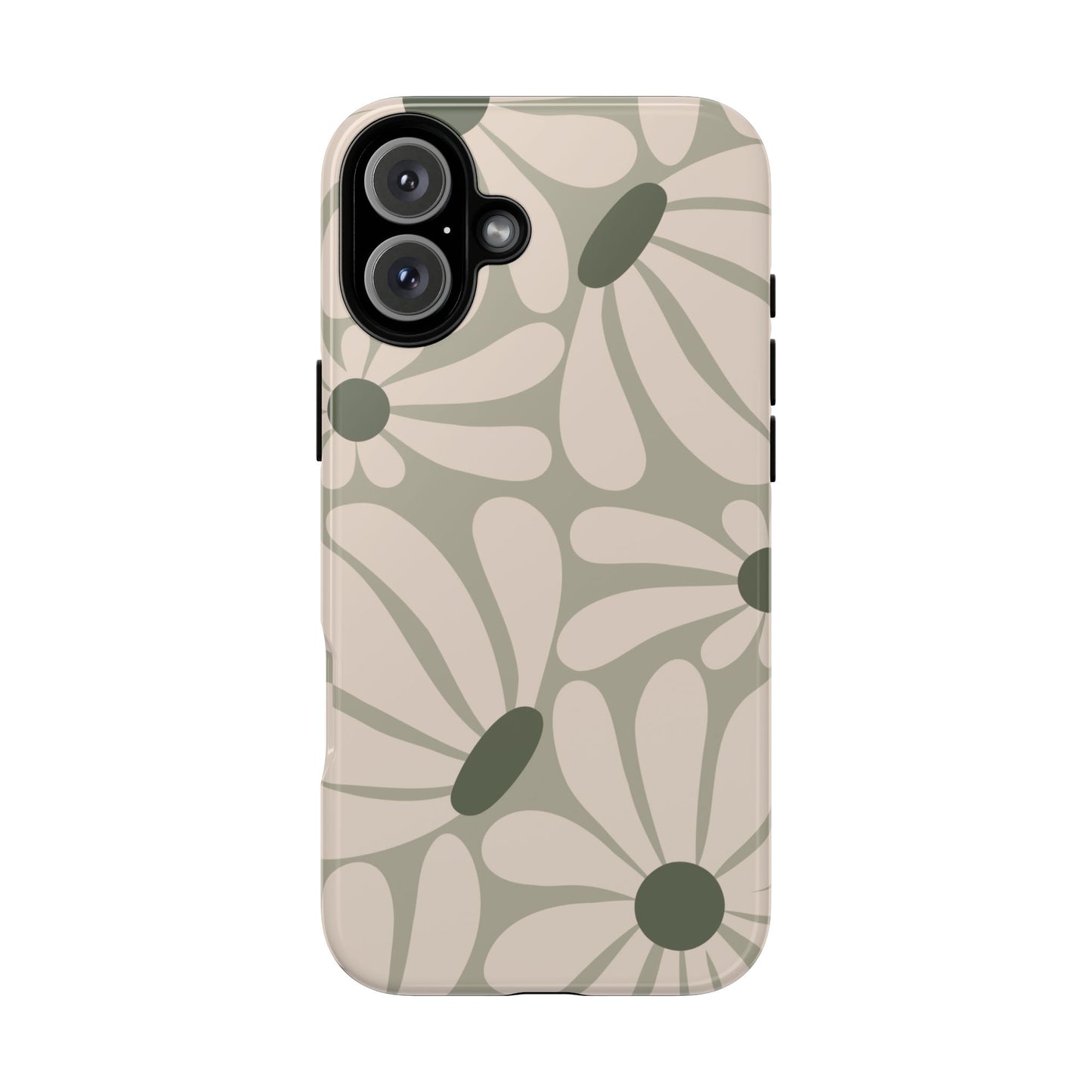 iPhone 16 Plus / Glossy Phone Case - ’Retro Cream & Green Daisy Pattern’ Phone Case