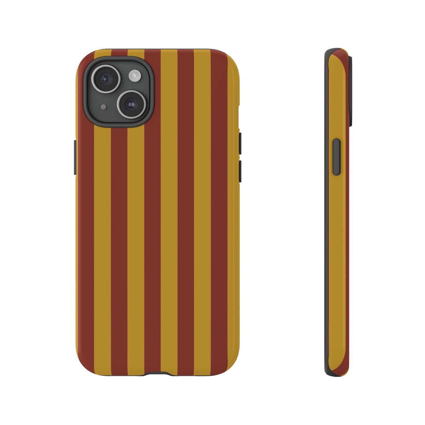 iPhone 15 Plus / Glossy Phone Case - Trendy Mustard & Burgandy Stripe Pattern Phone Case