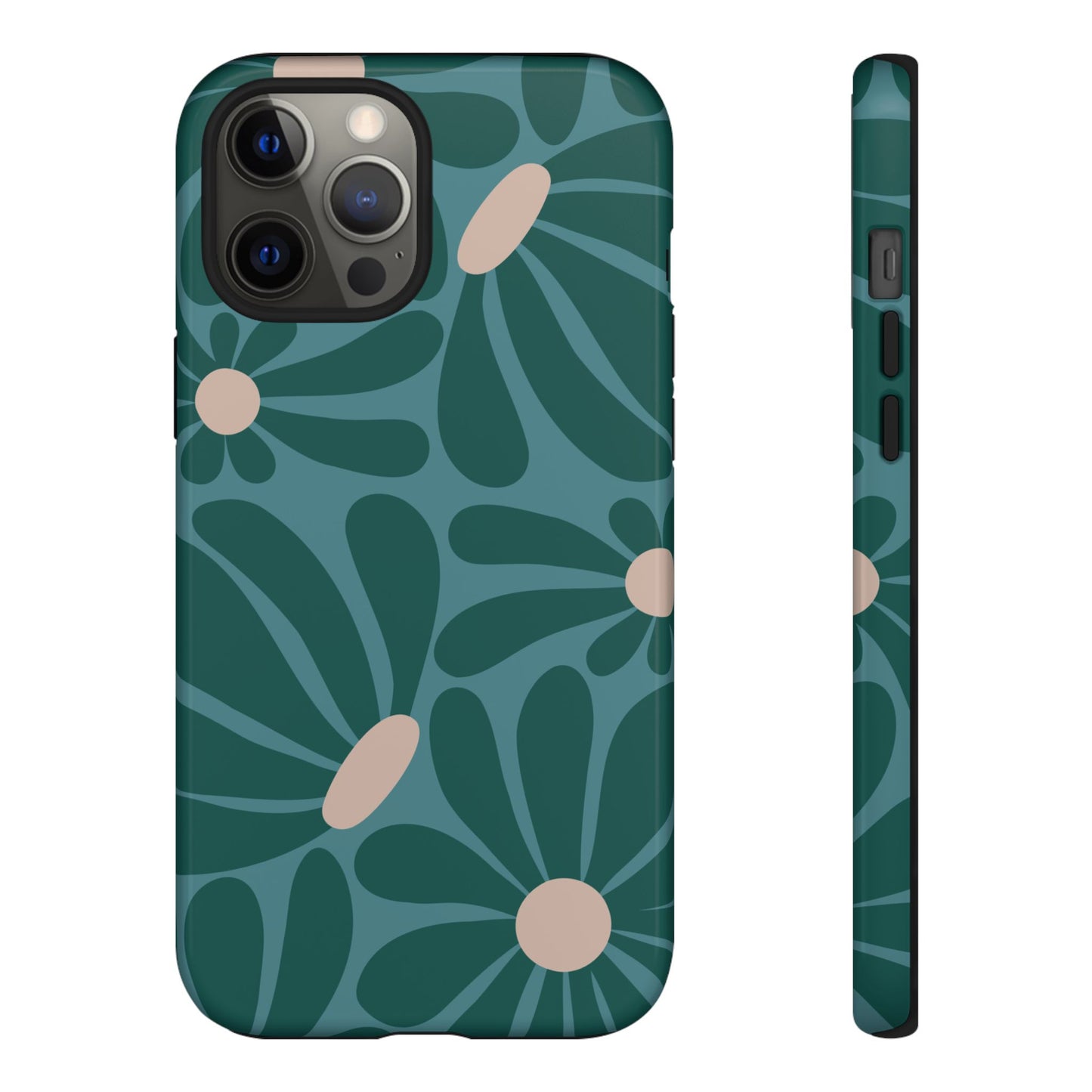 iPhone 12 Pro Max / Glossy Phone Case - ’Retro Turquoise Daisy Pattern’ Phone Case
