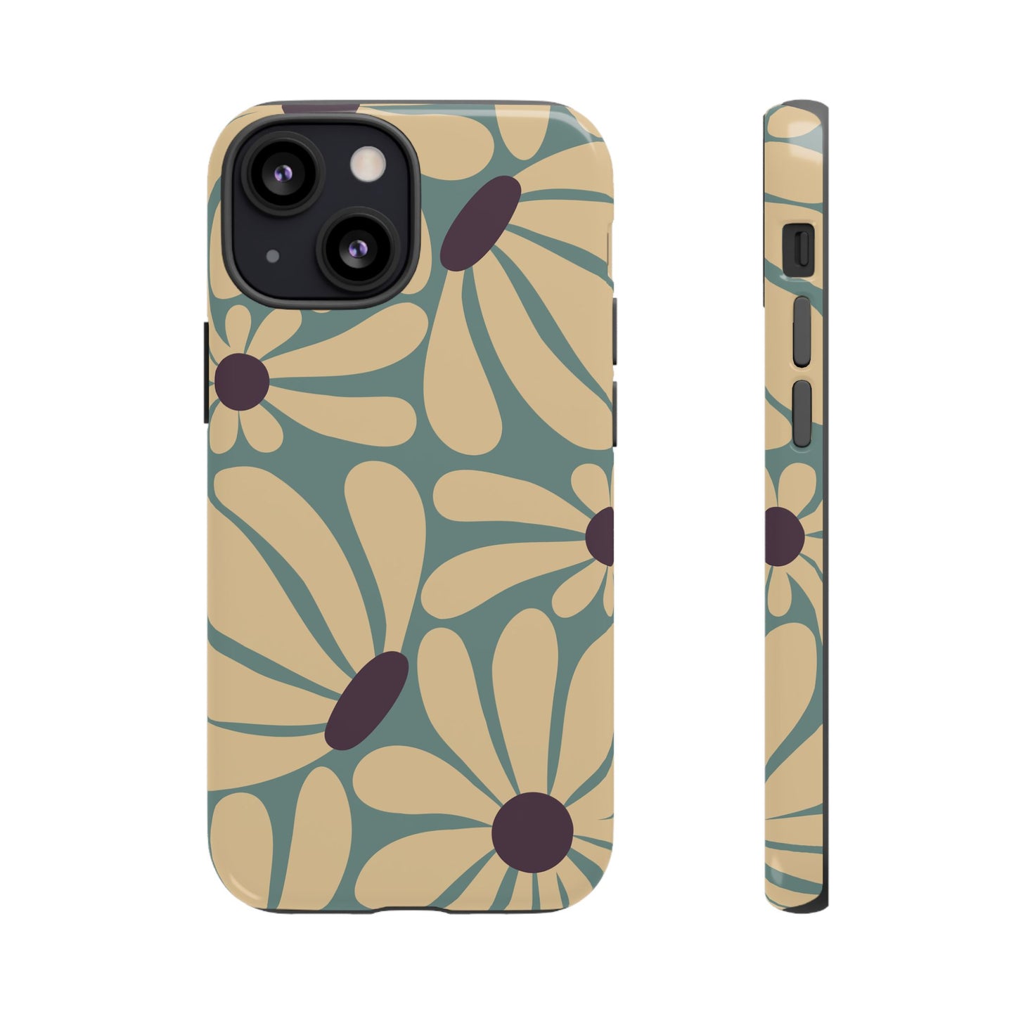 iPhone 13 Mini / Glossy Phone Case - ’Retro Cream & Blue Daisy Pattern’ Phone Case