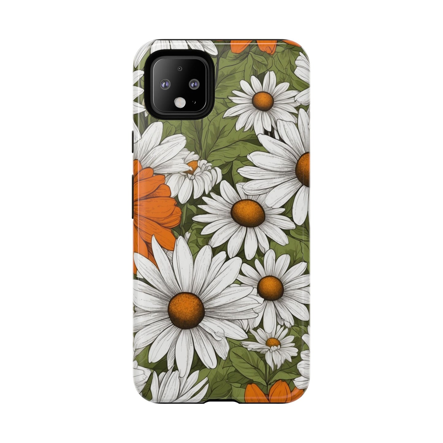 Boho Chic Daisies Floral Pattern "White, Orange & Green" Phone Case