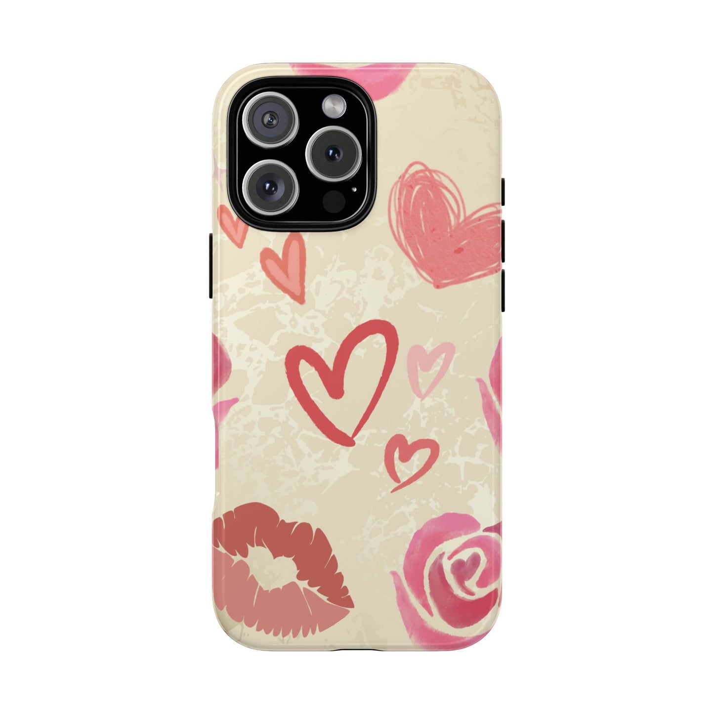iPhone 16 Pro Max / Glossy Phone Case - ’Pink Heart & Rose Pattern’ Phone Case