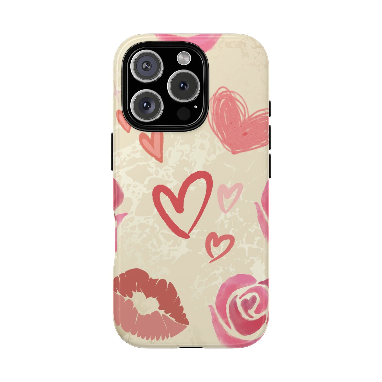 iPhone 16 Pro / Glossy Phone Case - ’Pink Heart & Rose Pattern’ Phone Case
