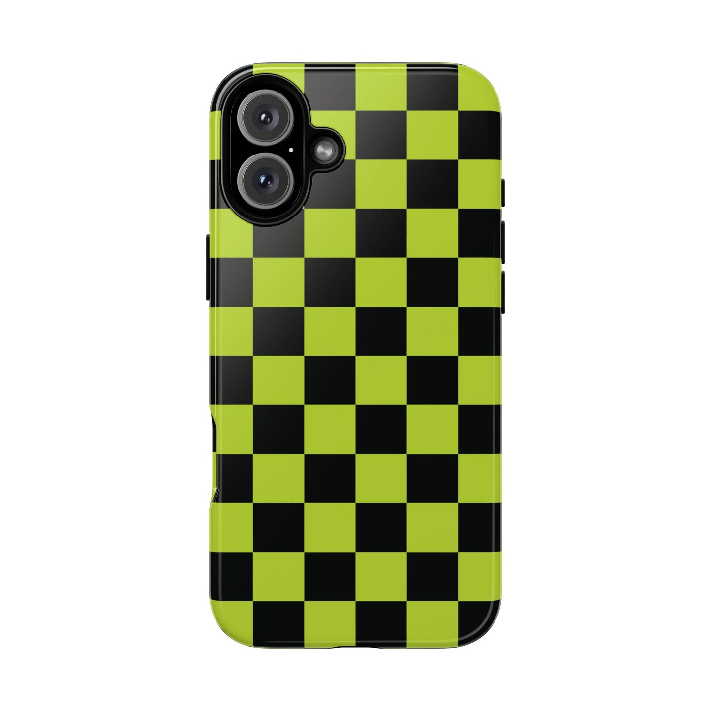 iPhone 16 Plus / Glossy Phone Case - Trendy Neon Lime Green & Black Checked Pattern Phone Case