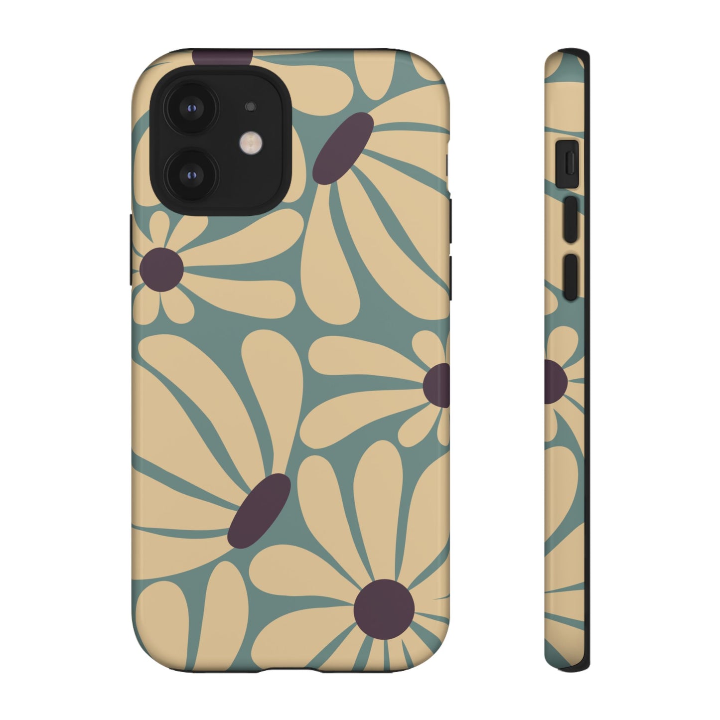 iPhone 12 / Glossy Phone Case - ’Retro Cream & Blue Daisy Pattern’ Phone Case