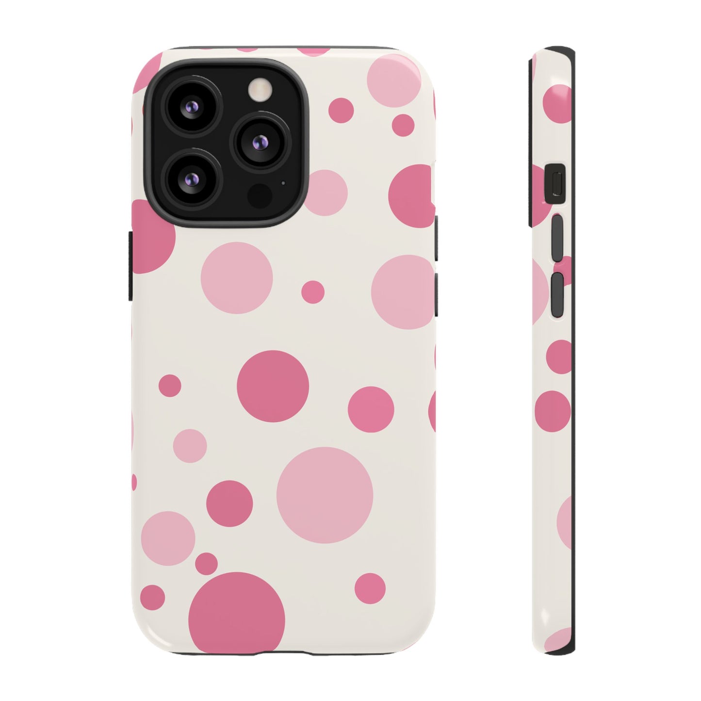 iPhone 13 Pro / Glossy Phone Case - ’Bold White with Pink Dot Pattern’ Phone Case