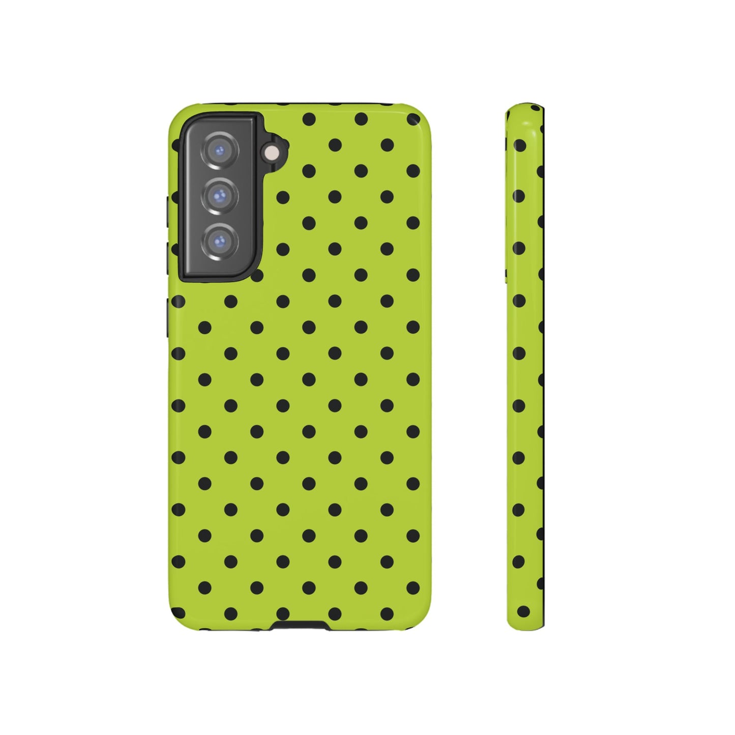 Samsung Galaxy S21 FE / Glossy Phone Case - Trendy Neon Lime Green & Black Dot Pattern Phone Case