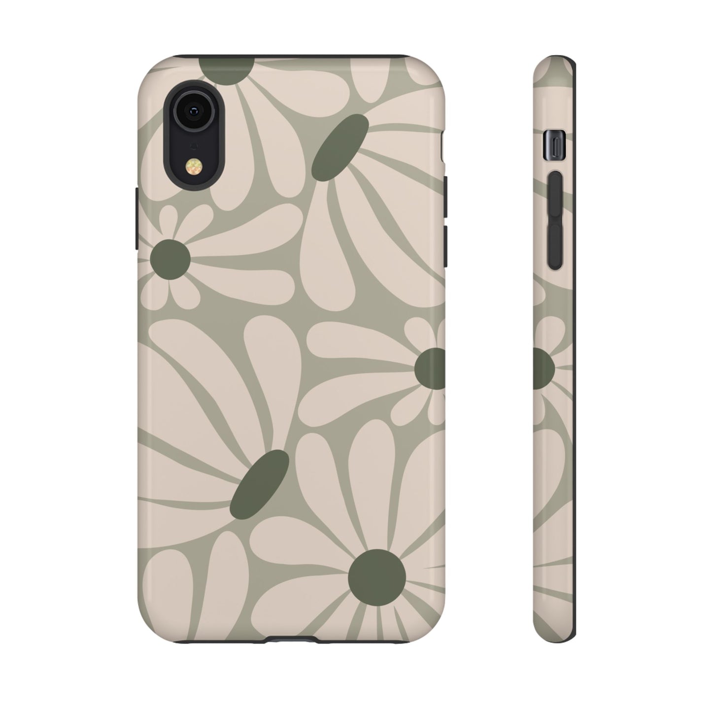 iPhone XR / Glossy Phone Case - ’Retro Cream & Green Daisy Pattern’ Phone Case