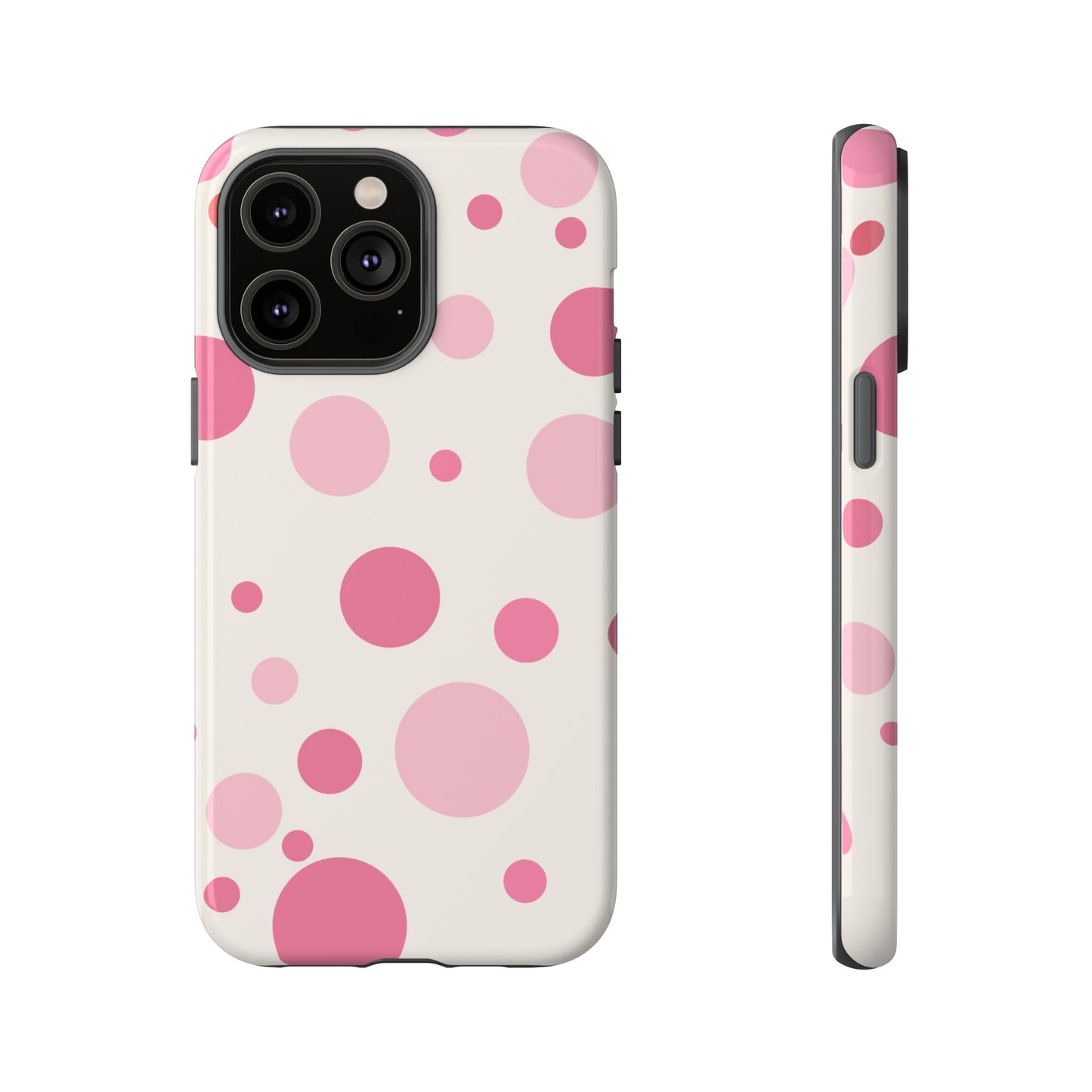 iPhone 14 Pro Max / Glossy Phone Case - ’Bold White with Pink Dot Pattern’ Phone Case