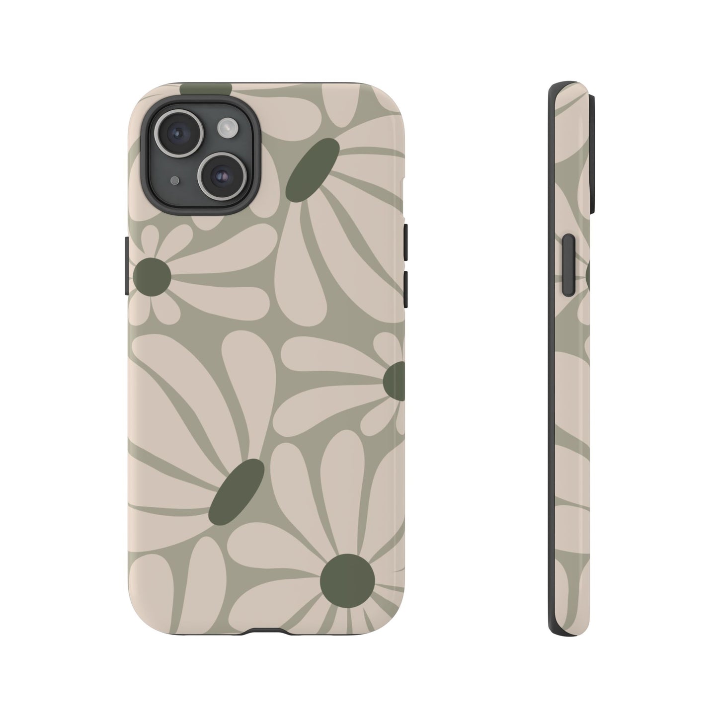 iPhone 15 Plus / Glossy Phone Case - ’Retro Cream & Green Daisy Pattern’ Phone Case