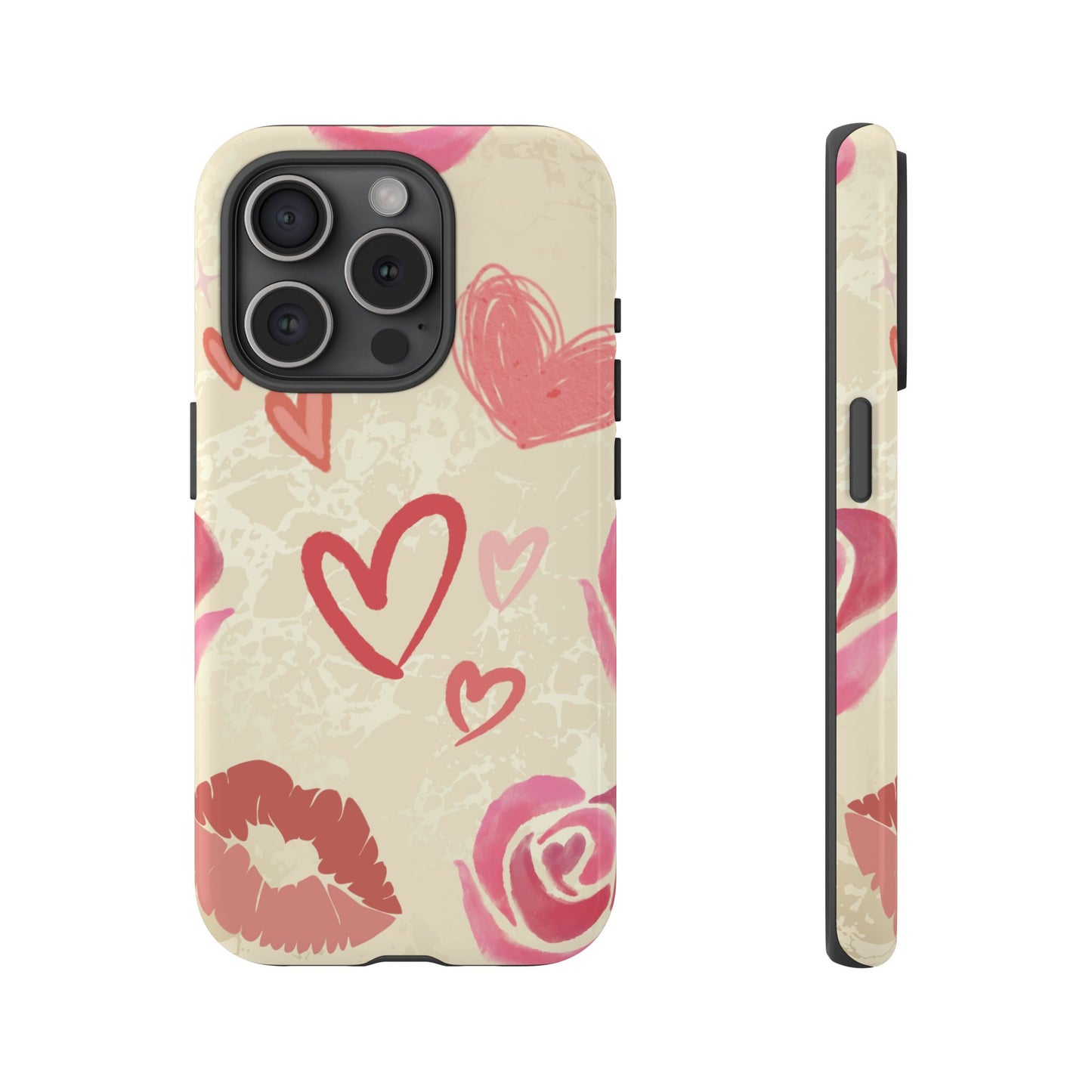 iPhone 15 Pro / Glossy Phone Case - ’Pink Heart & Rose Pattern’ Phone Case