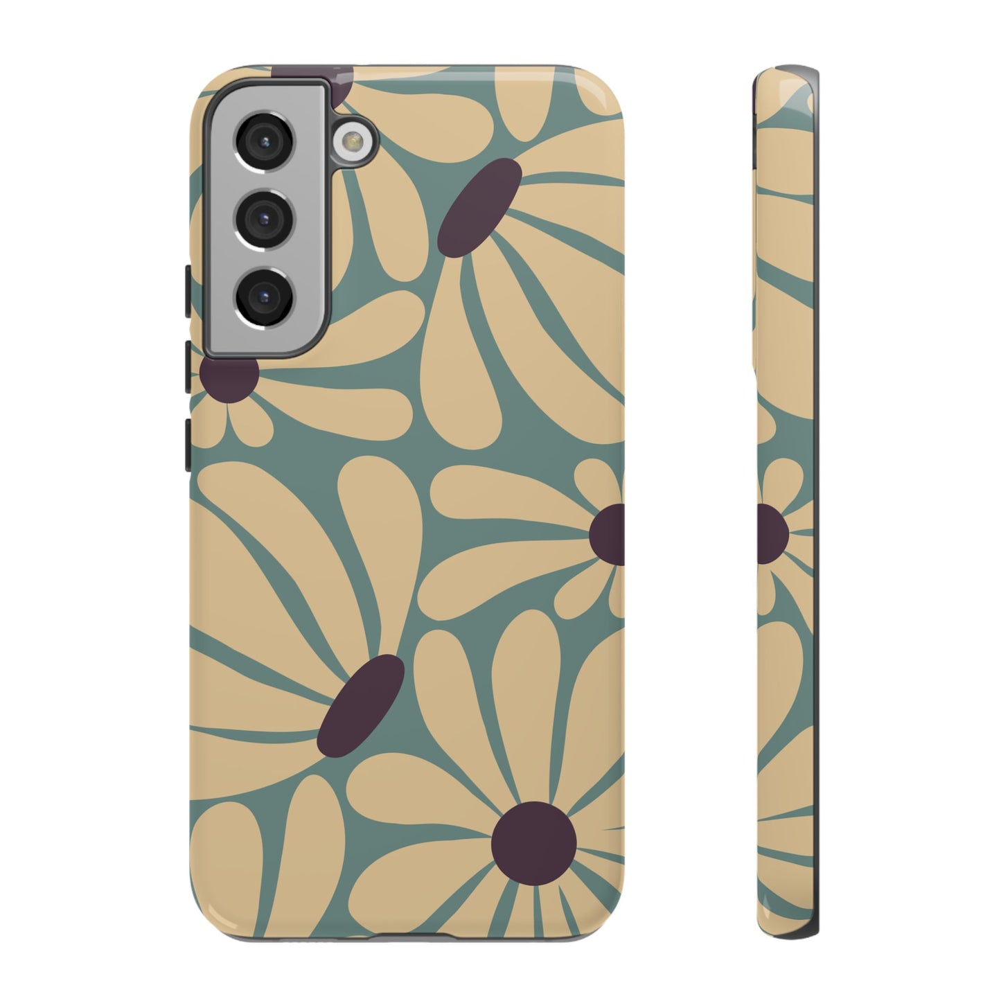 Samsung Galaxy S22 Plus / Glossy Phone Case - ’Retro Cream & Blue Daisy Pattern’ Phone Case