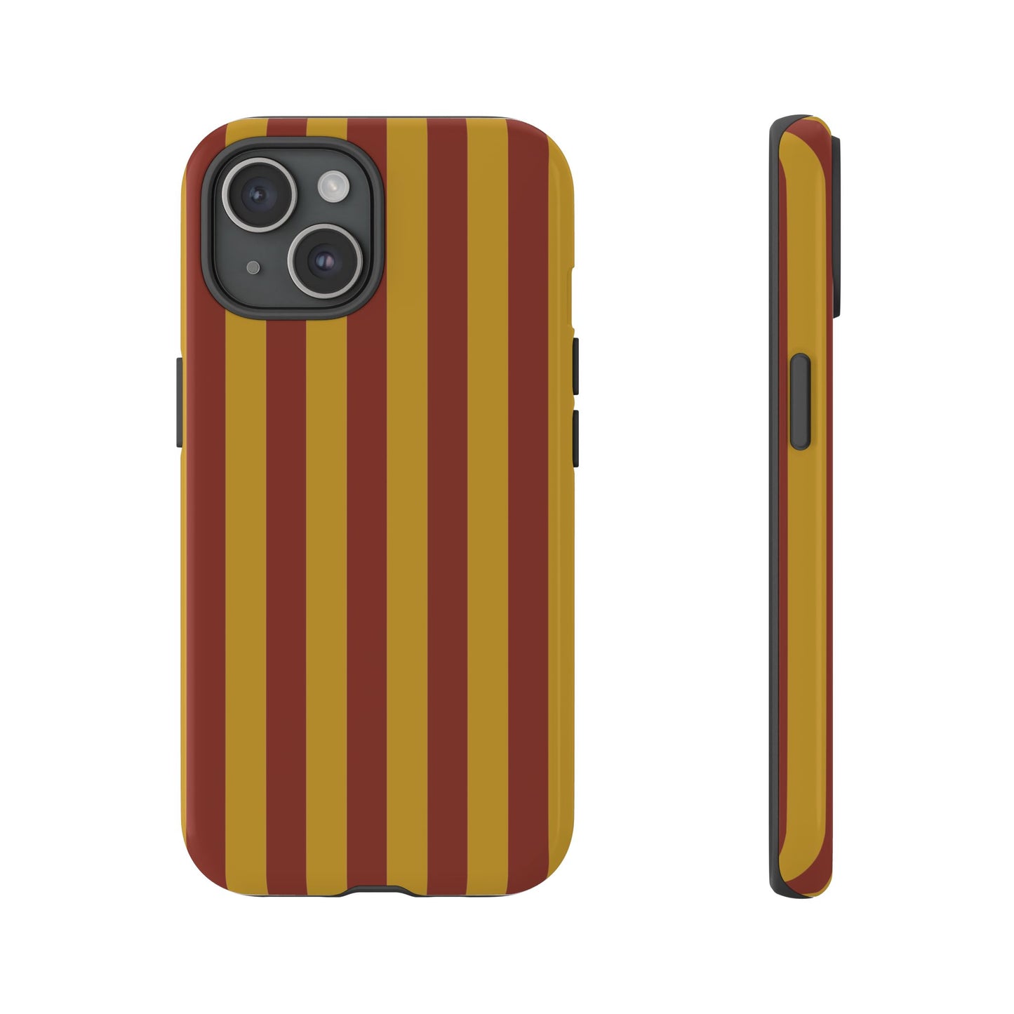 iPhone 15 / Glossy Phone Case - Trendy Mustard & Burgandy Stripe Pattern Phone Case