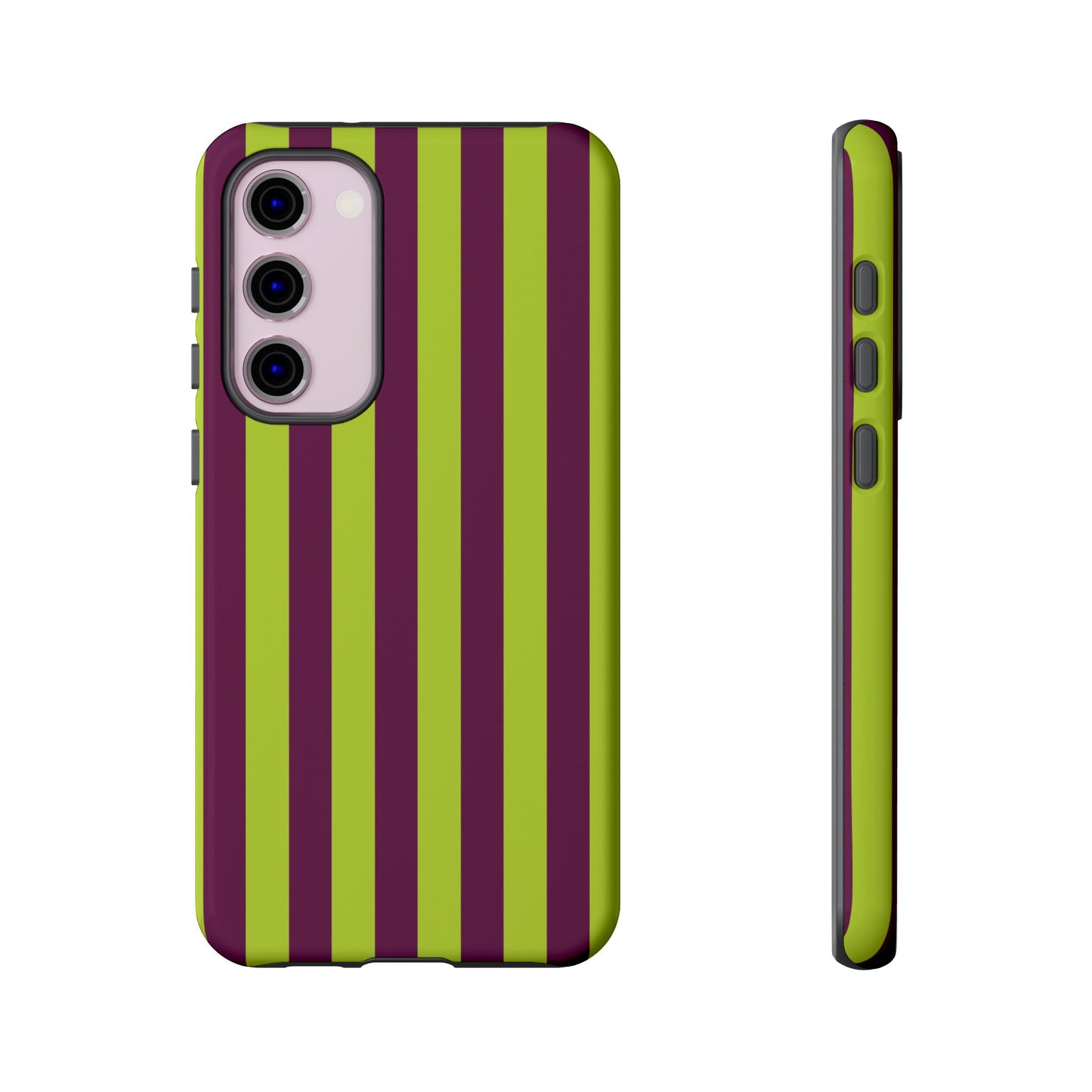 Samsung Galaxy S23 Plus / Glossy Phone Case - Trendy Neon Lime Green & Plum Stripe Pattern Phone Case