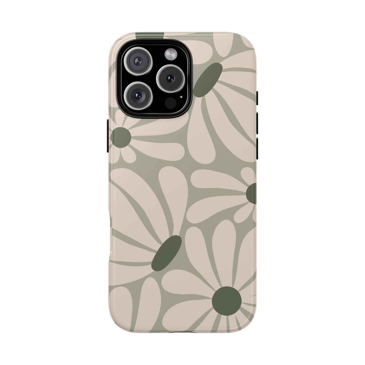 iPhone 16 Pro Max / Glossy Phone Case - ’Retro Cream & Green Daisy Pattern’ Phone Case