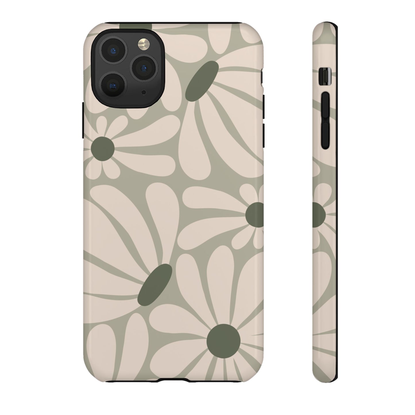 iPhone 11 Pro Max / Glossy Phone Case - ’Retro Cream & Green Daisy Pattern’ Phone Case