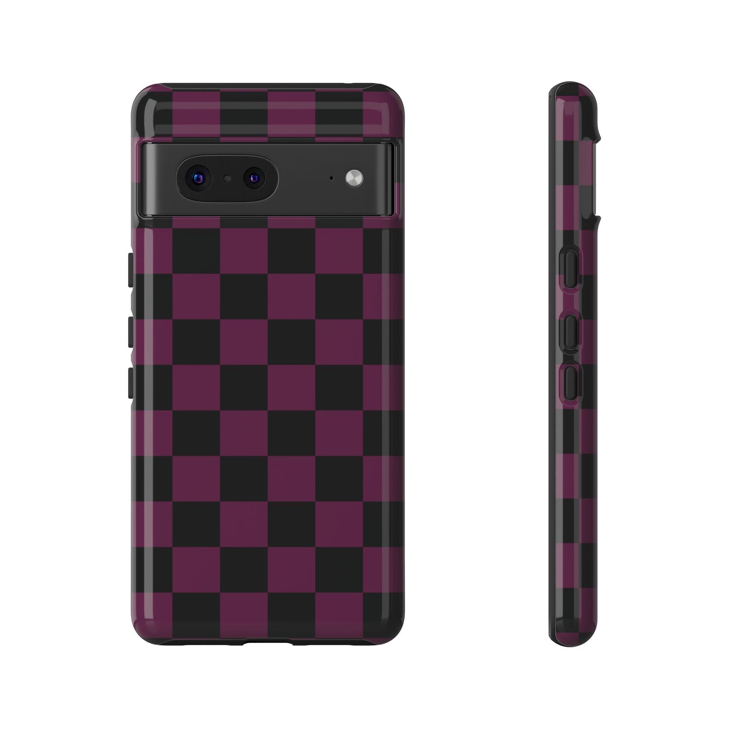 Google Pixel 7 / Glossy Phone Case - Trendy Plum & Black Checked Pattern Phone Case