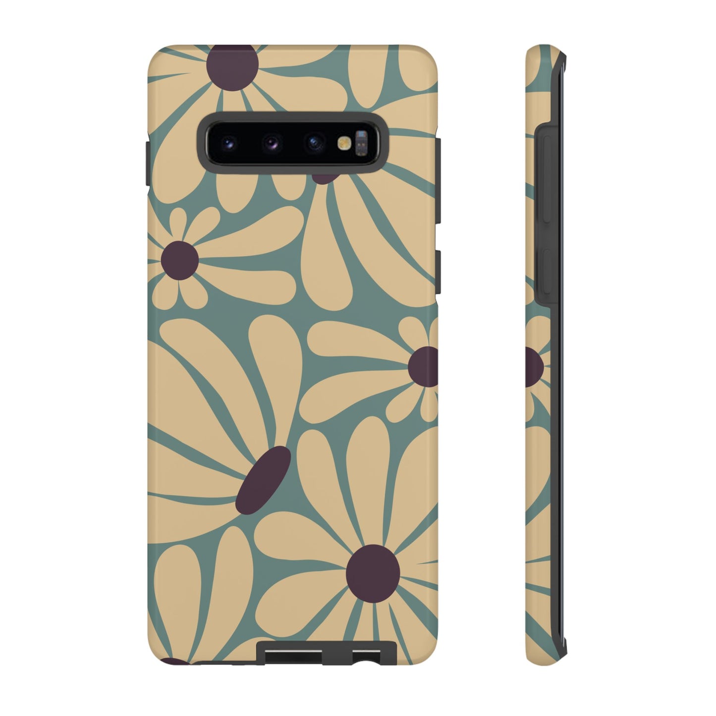 Samsung Galaxy S10 Plus / Glossy Phone Case - ’Retro Cream & Blue Daisy Pattern’ Phone Case