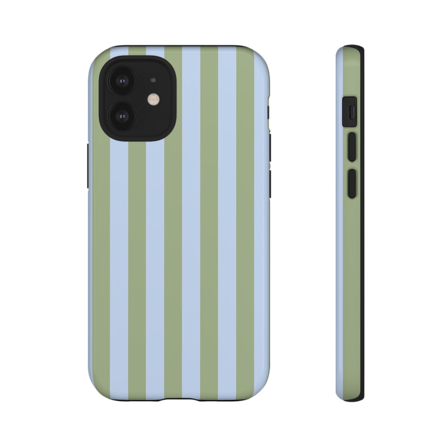 iPhone 12 Mini / Glossy Phone Case - Trendy Ice Blue & Green Stripe Pattern Phone Case