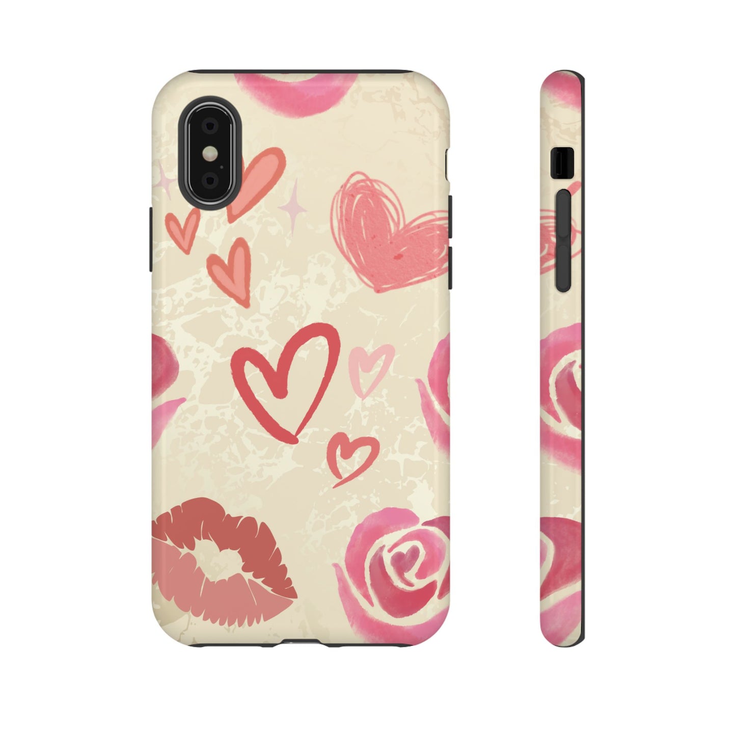 iPhone XS / Glossy Phone Case - ’Pink Heart & Rose Pattern’ Phone Case