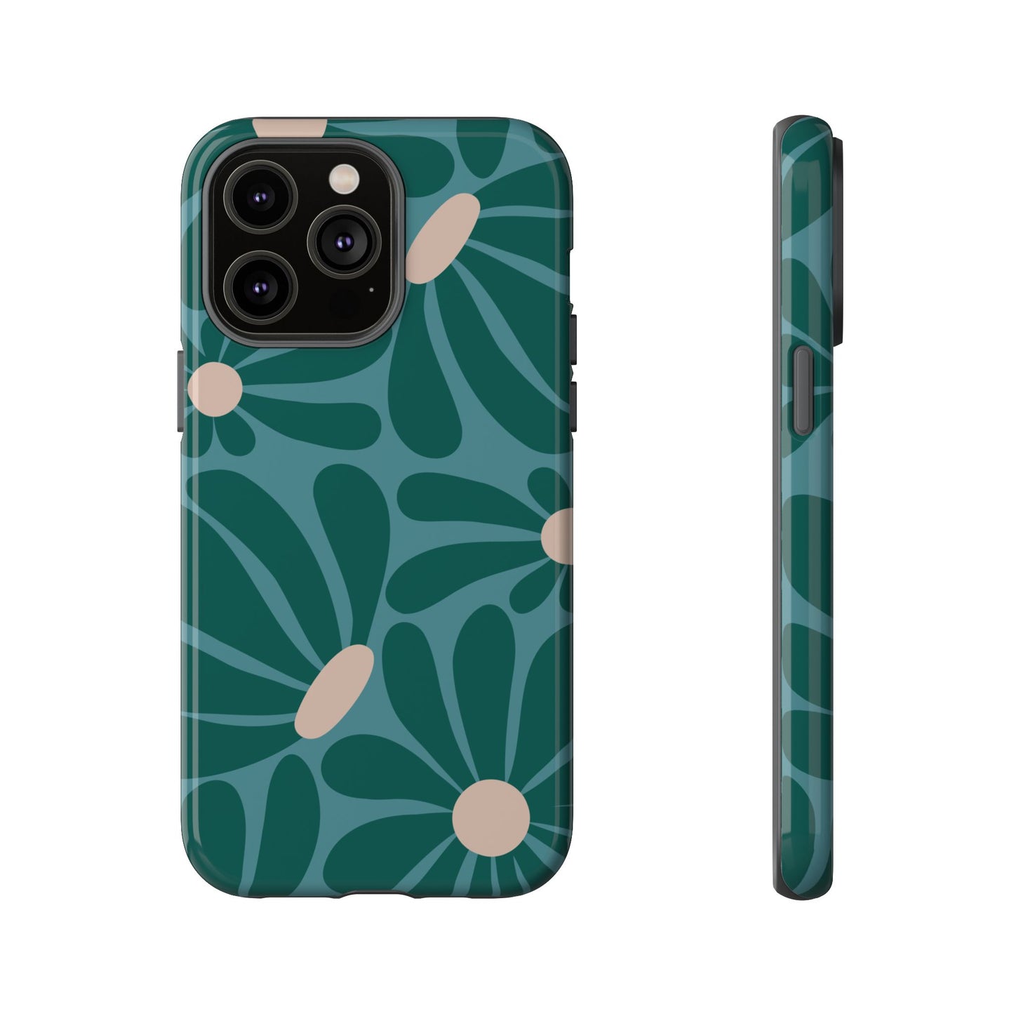 iPhone 14 Pro Max / Glossy Phone Case - ’Retro Turquoise Daisy Pattern’ Phone Case