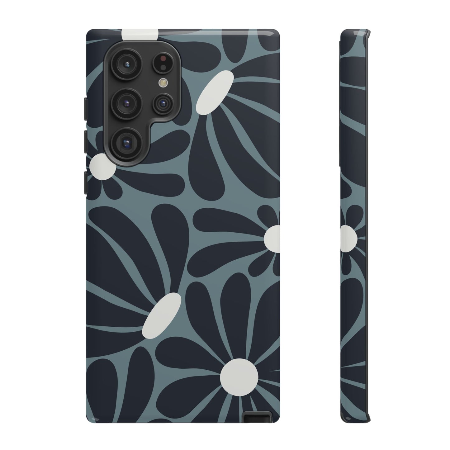 Samsung Galaxy S22 Ultra / Glossy Phone Case - ’Retro Navy Blue & White Daisy Pattern’ Phone Case