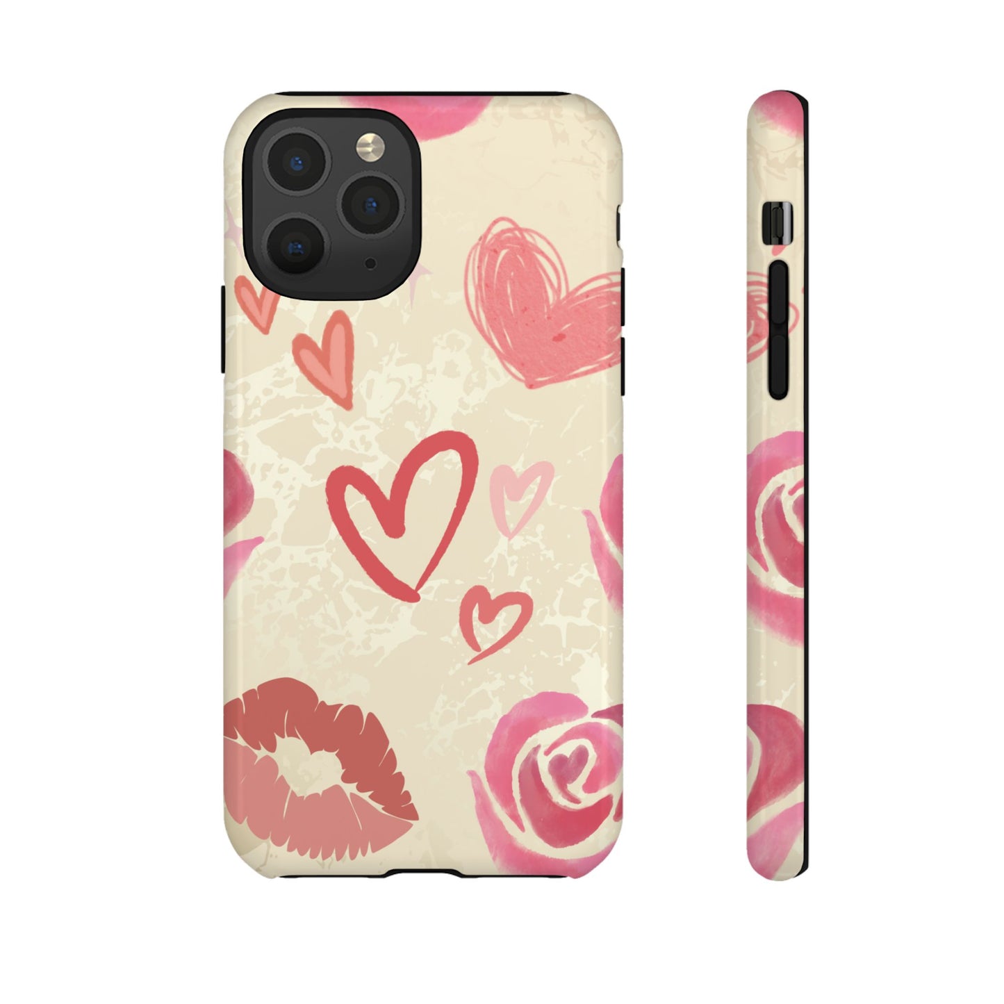 iPhone 11 Pro / Glossy Phone Case - ’Pink Heart & Rose Pattern’ Phone Case