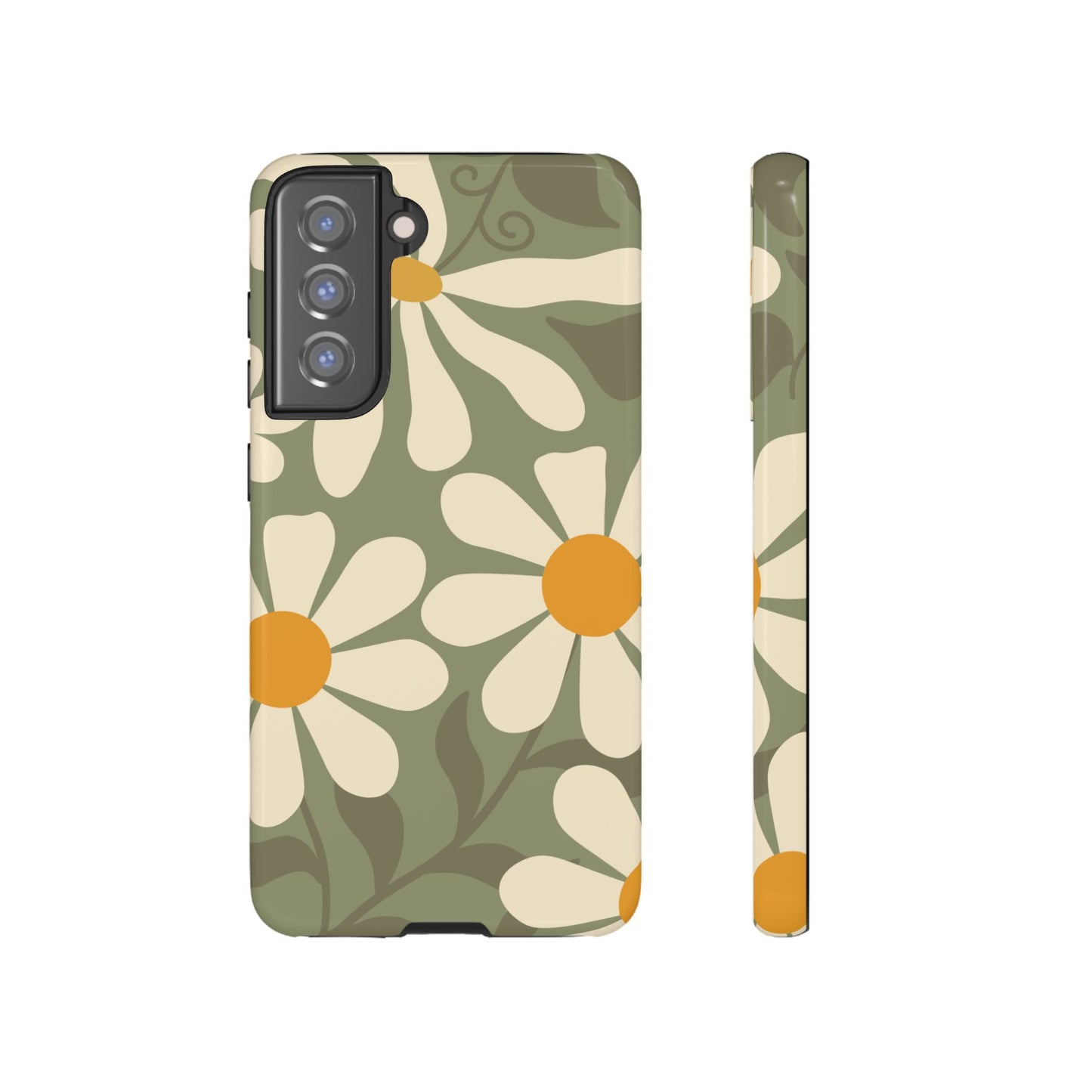 Samsung Galaxy S21 FE / Glossy Phone Case - ’Retro Green Daisy Pattern #2’ Phone Case