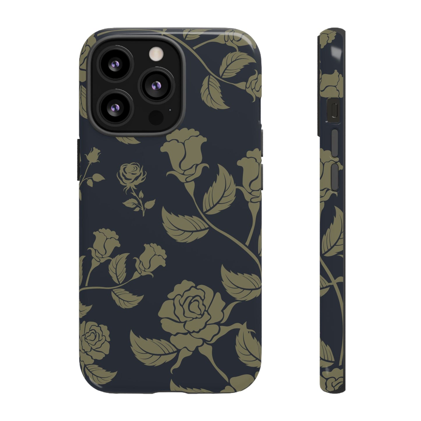 iPhone 13 Pro / Glossy Phone Case - ’Blue & Olive Rose Pattern’ Phone Case