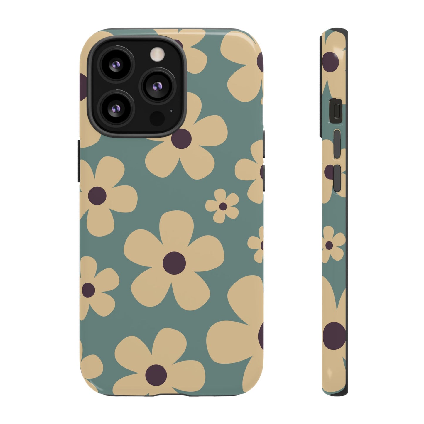 iPhone 13 Pro / Glossy Phone Case - Cute Blue & Cream Daisy Pattern Phone Case