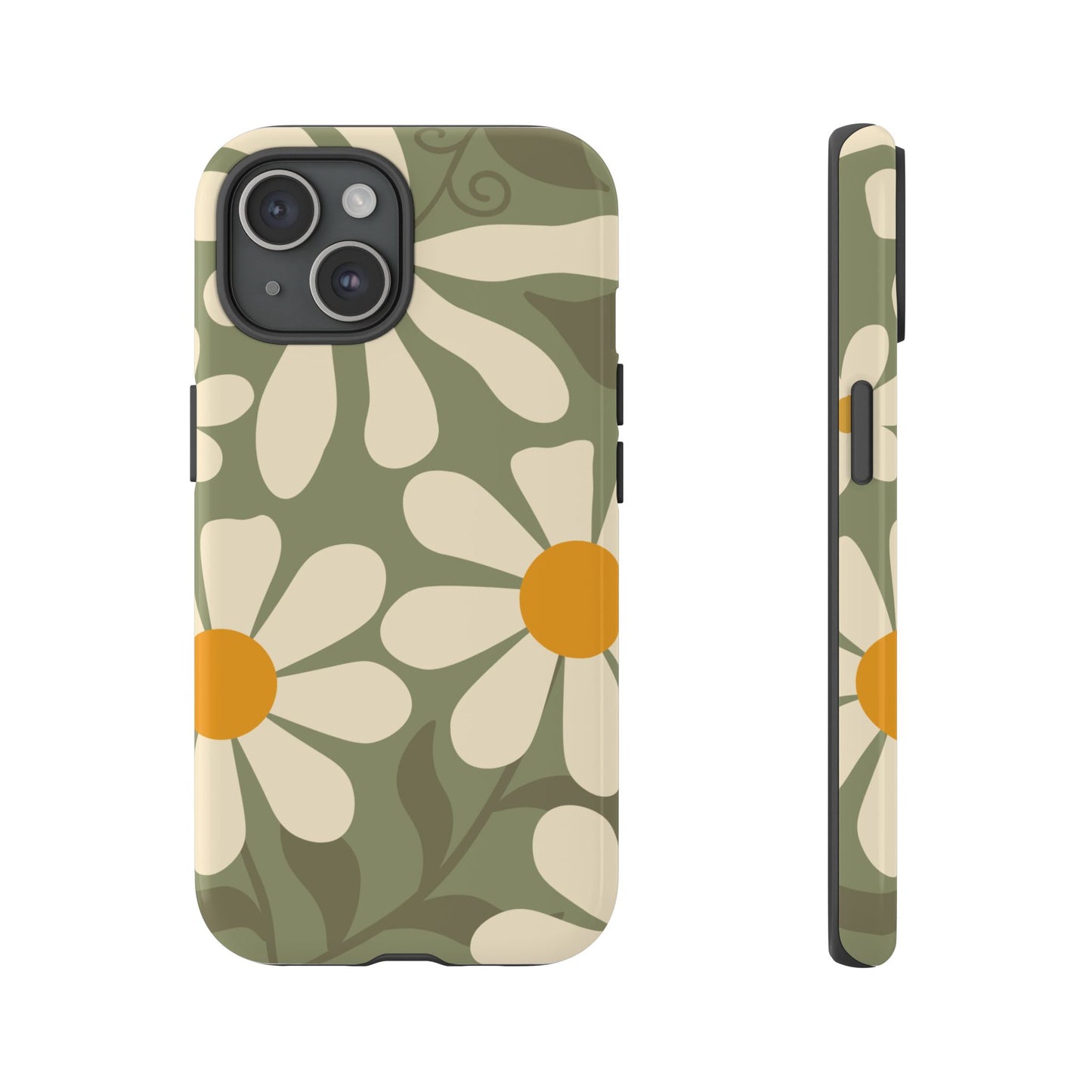 iPhone 15 / Glossy Phone Case - ’Retro Green Daisy Pattern #2’ Phone Case