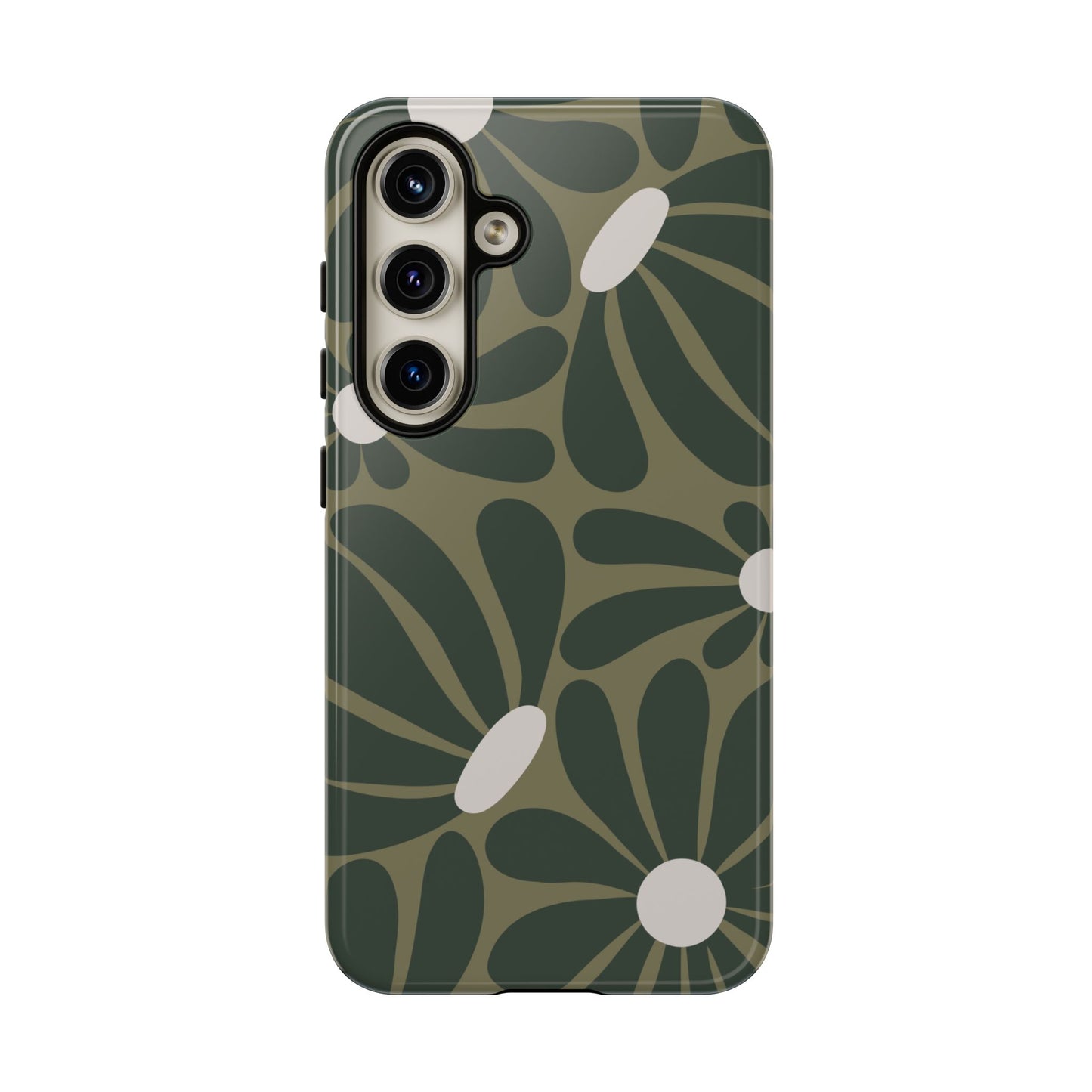 Samsung Galaxy S24 / Glossy Phone Case - ’Retro Olive Green Daisy Pattern’ Phone Case