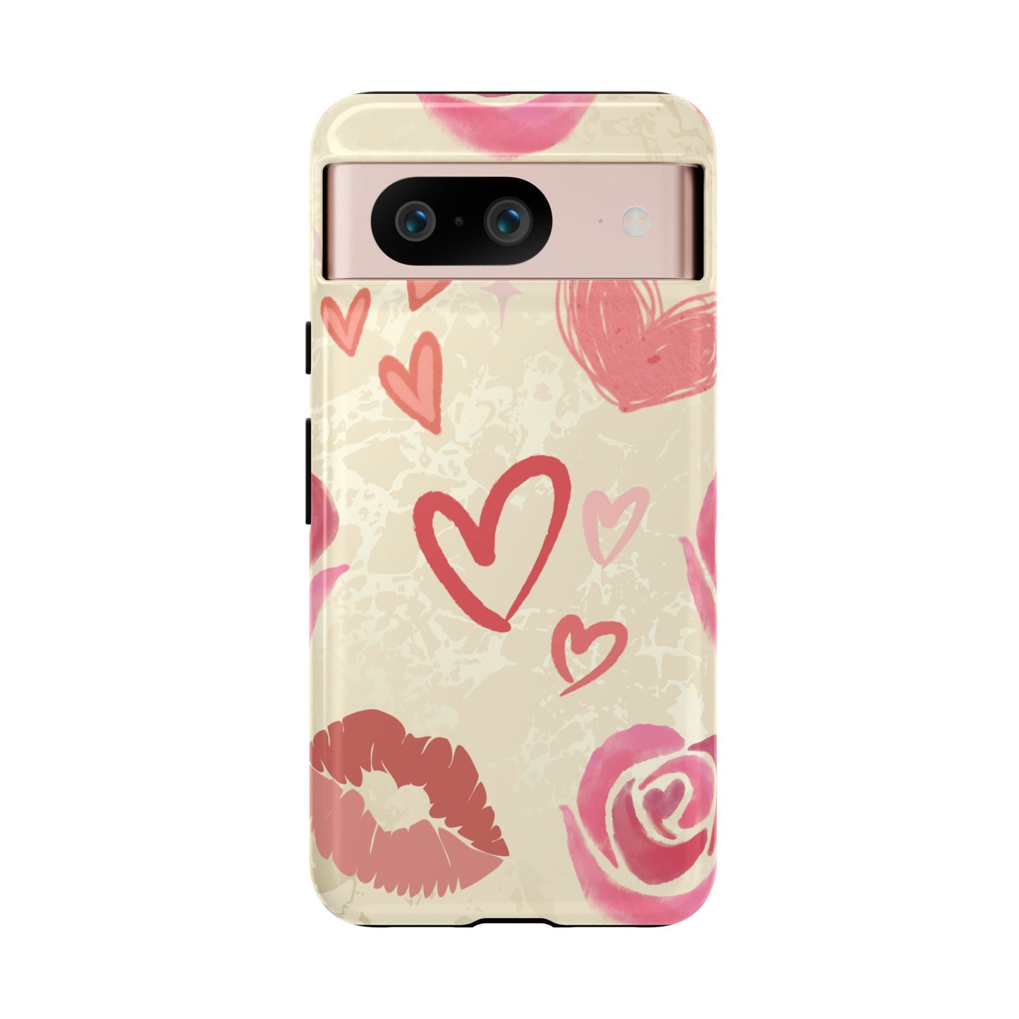 Google Pixel 8 / Glossy Phone Case - ’Pink Heart & Rose Pattern’ Phone Case