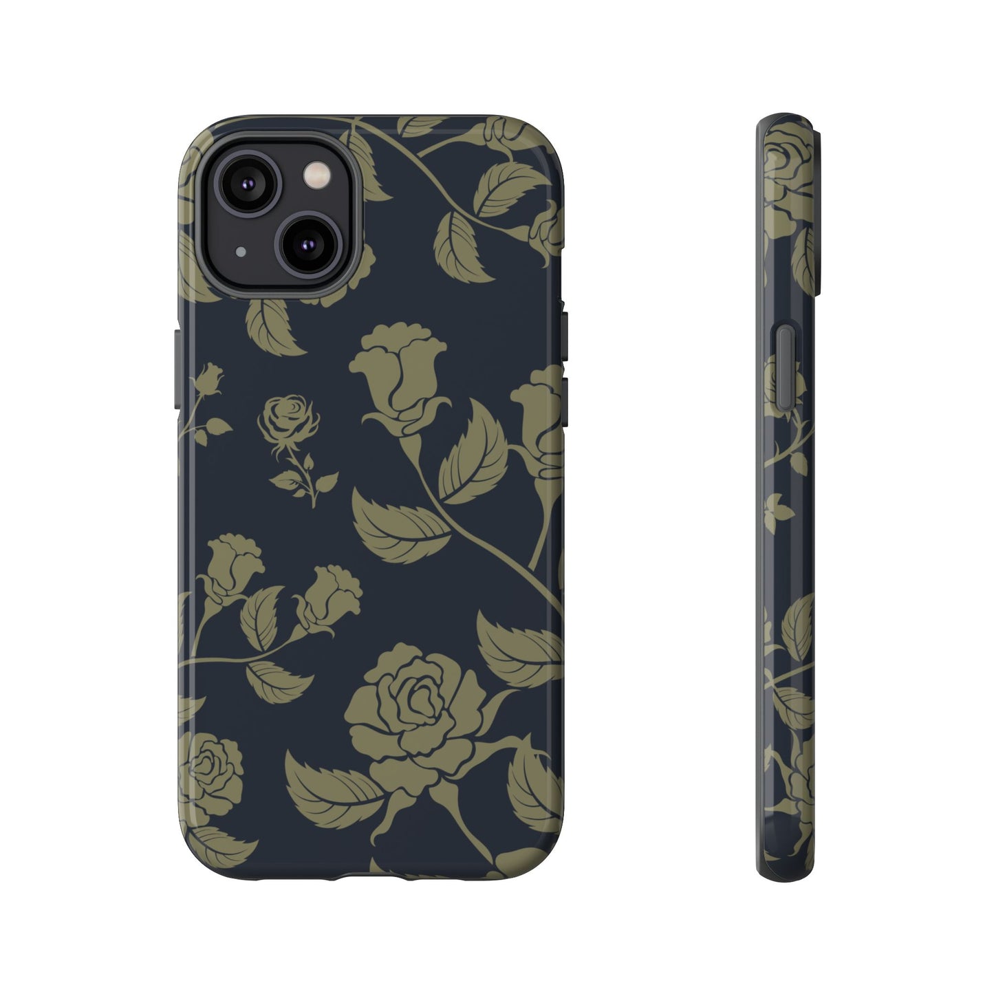 iPhone 14 Plus / Glossy Phone Case - ’Blue & Olive Rose Pattern’ Phone Case