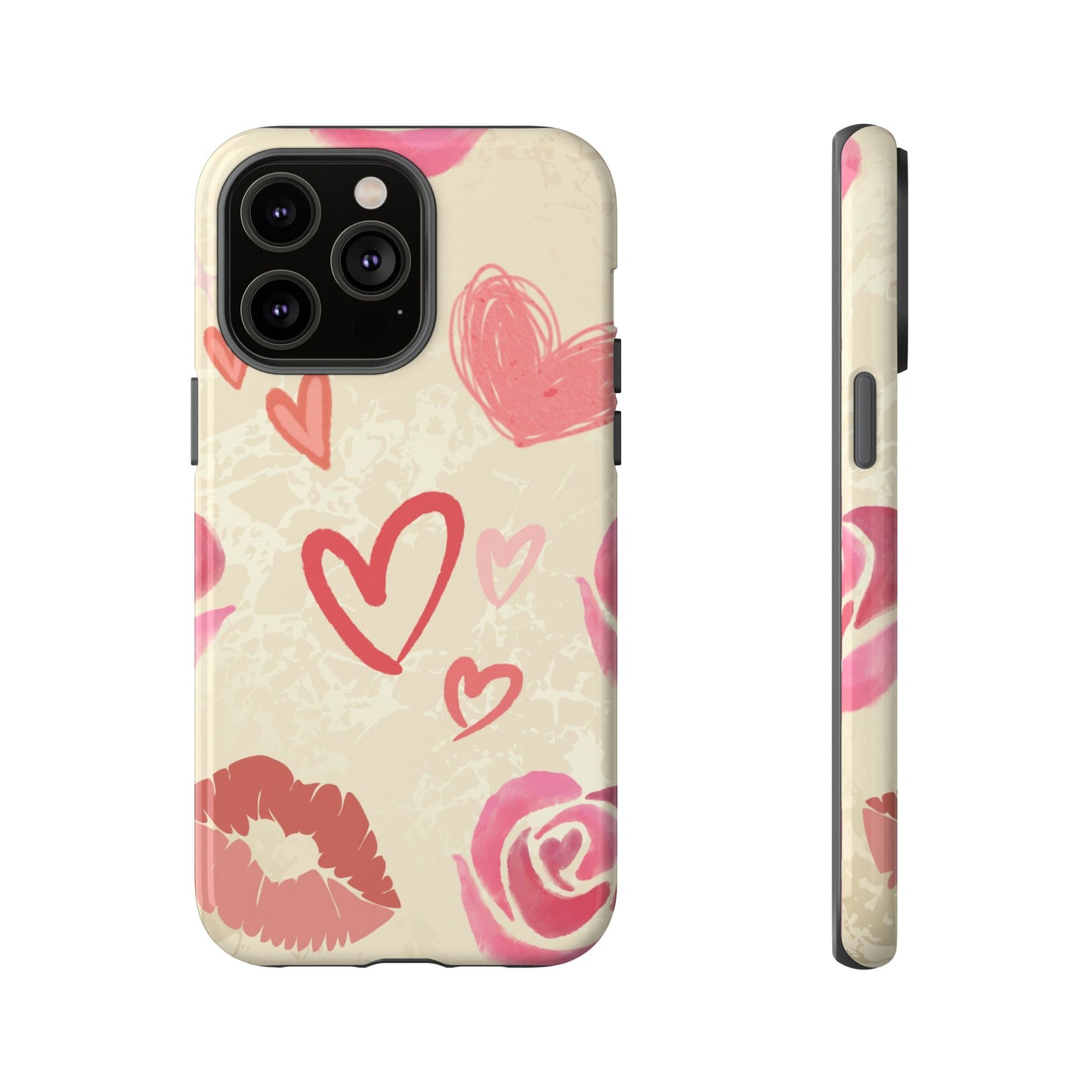 iPhone 14 Pro Max / Glossy Phone Case - ’Pink Heart & Rose Pattern’ Phone Case