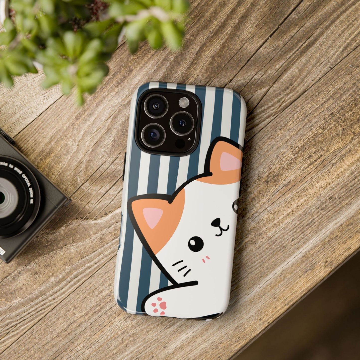 Playful Peakaboo Cat with Blue Stripe Pattern Phone Case - Blue Phone Case