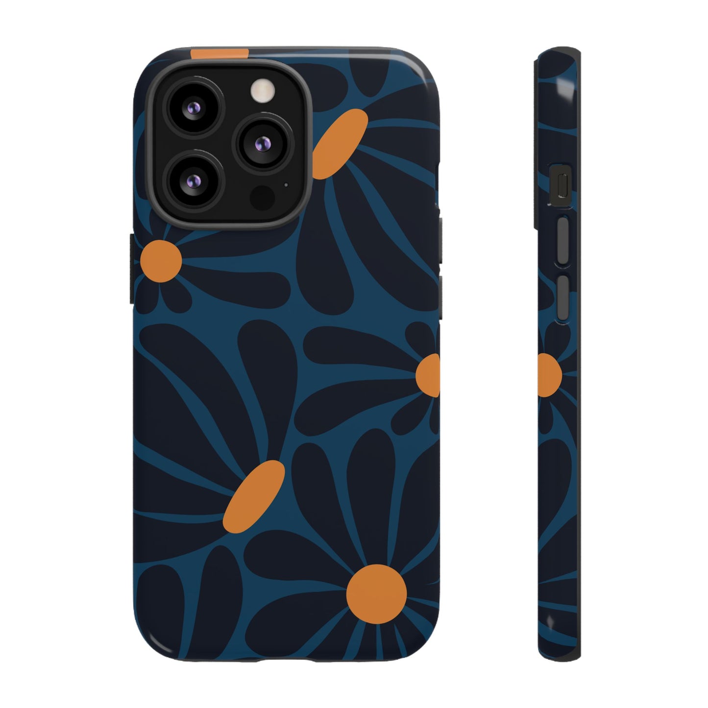 iPhone 13 Pro / Glossy Phone Case - ’Dark Blue & Orange Daisy Pattern’ Phone Case