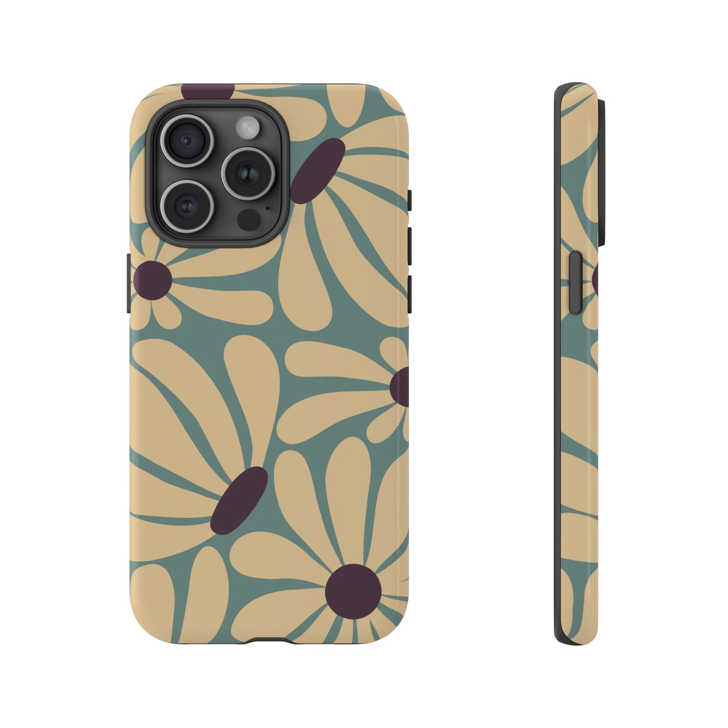iPhone 15 Pro Max / Glossy Phone Case - ’Retro Cream & Blue Daisy Pattern’ Phone Case
