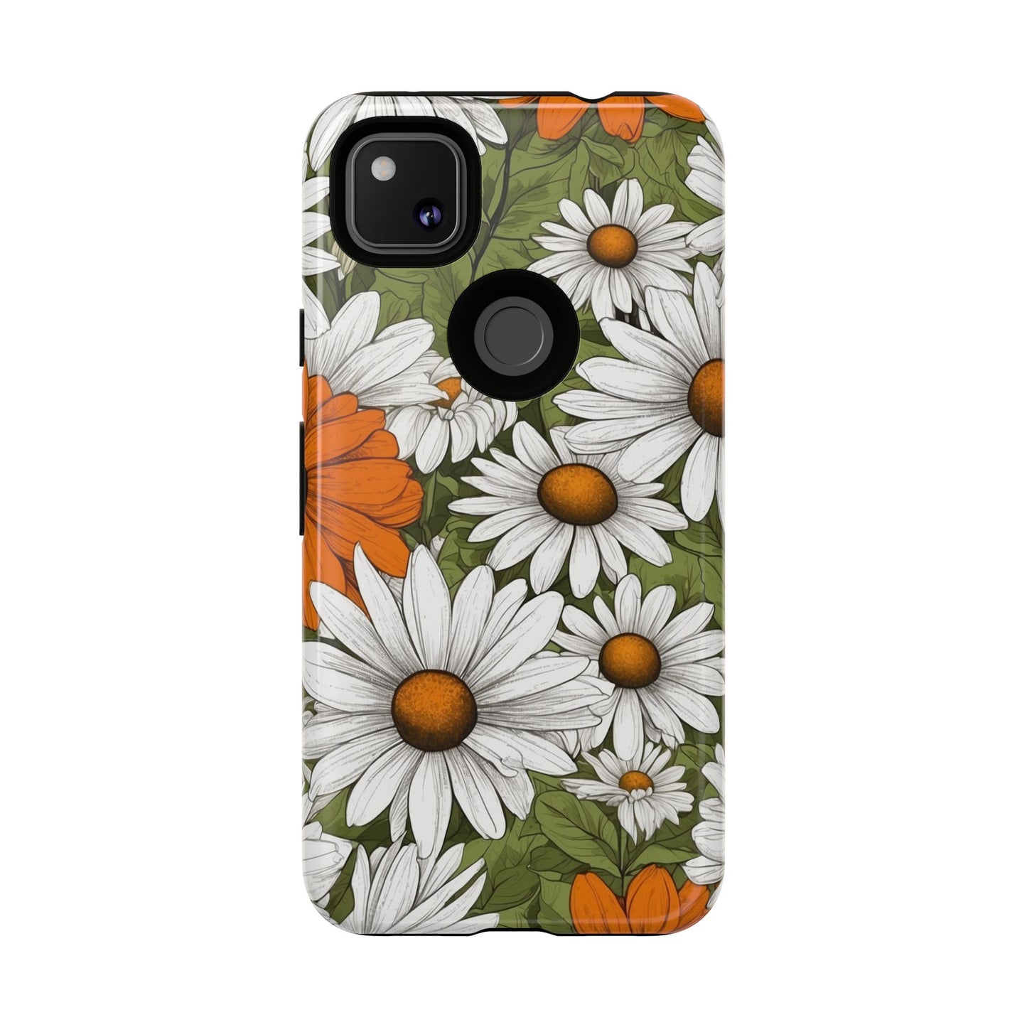 Boho Chic Daisies Floral Pattern "White, Orange & Green" Phone Case