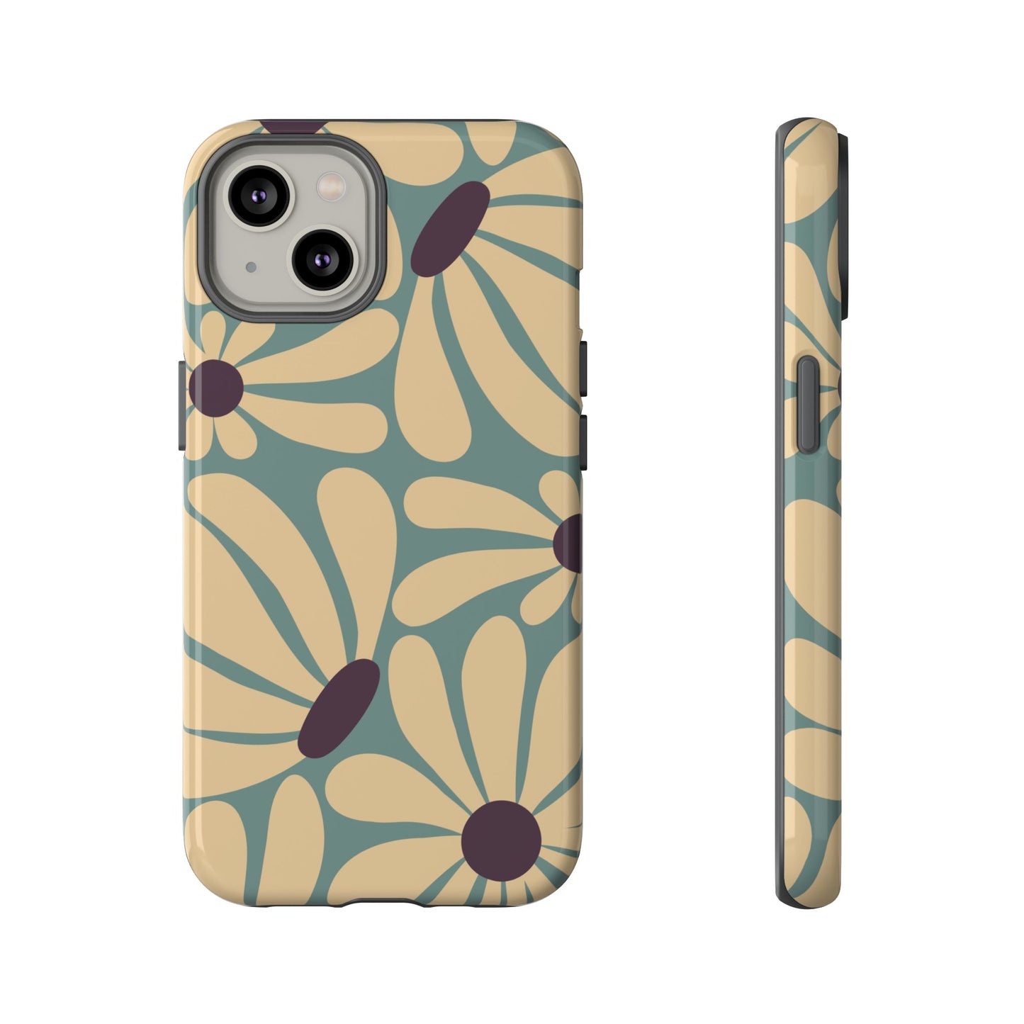 iPhone 14 / Glossy Phone Case - ’Retro Cream & Blue Daisy Pattern’ Phone Case