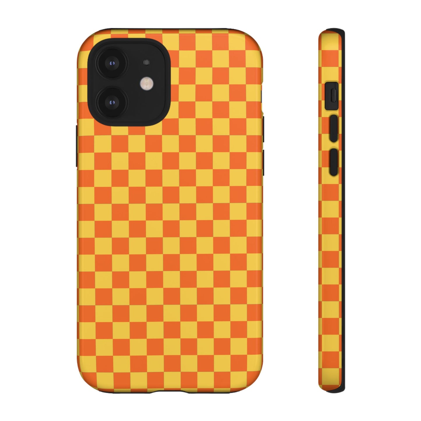 iPhone 12 / Glossy Phone Case - Trendy Orange & Yellow Small Checked Pattern Phone Case