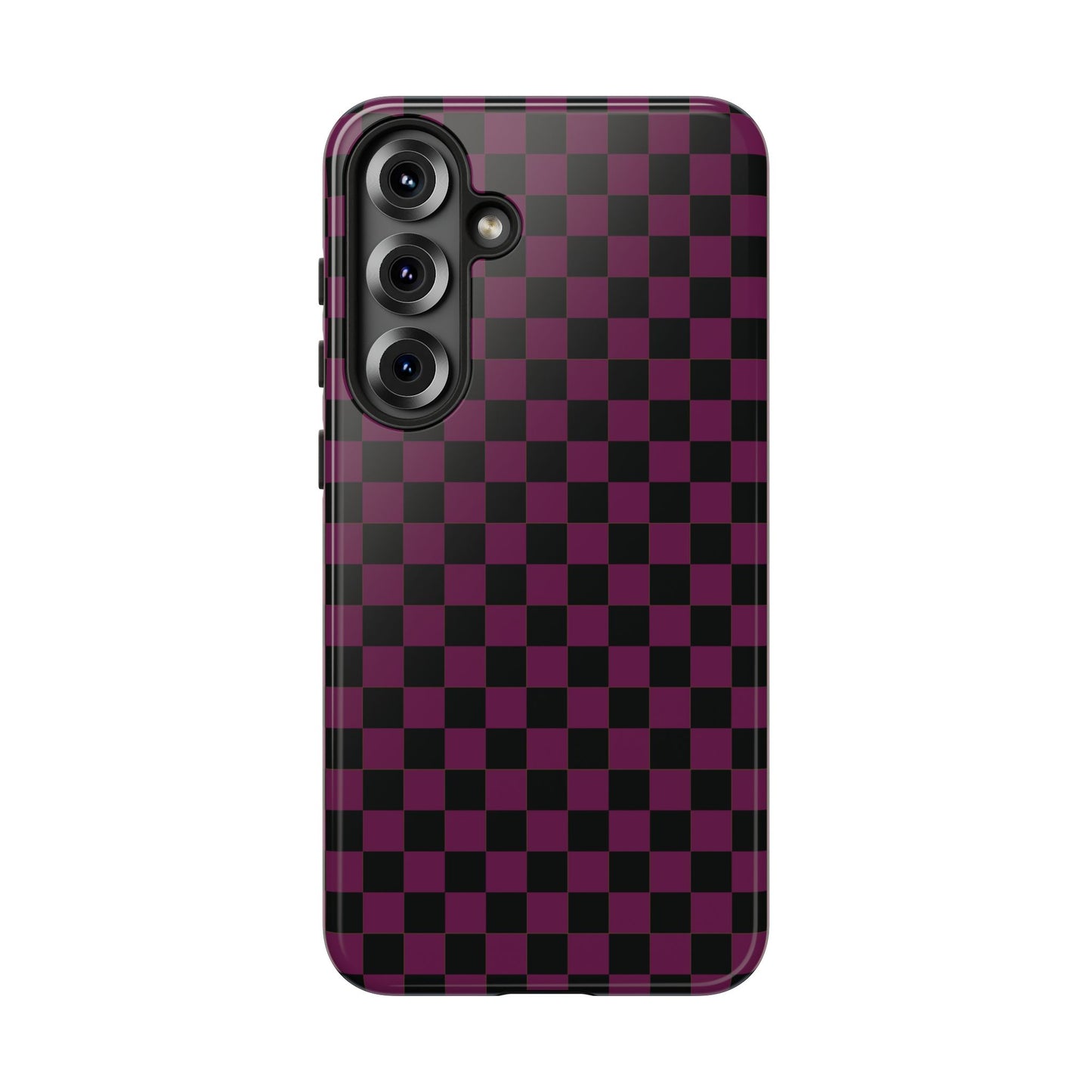 Samsung Galaxy S25 Plus / Glossy Phone Case - Trendy Plum & Black Small Checked Pattern Phone Case
