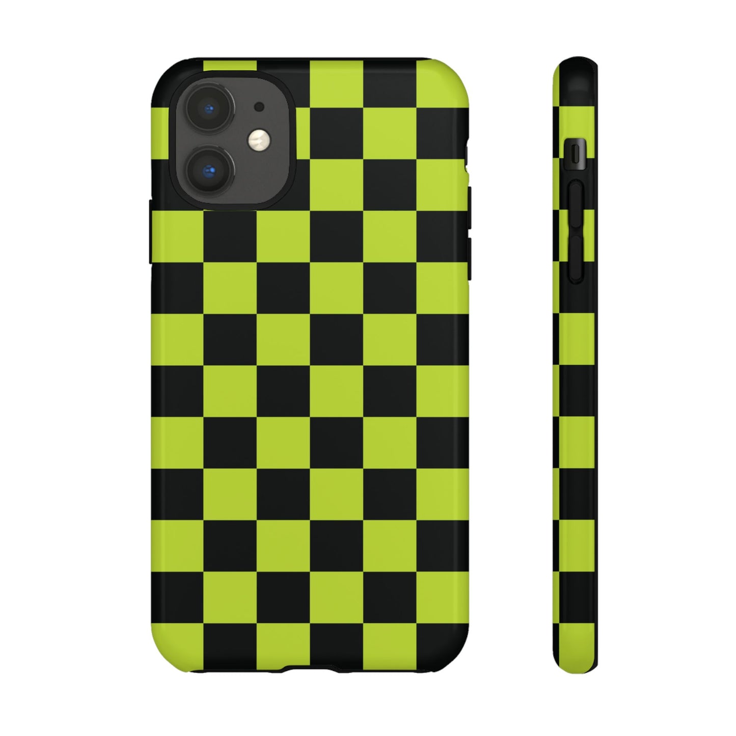 iPhone 11 / Glossy Phone Case - Trendy Neon Lime Green & Black Checked Pattern Phone Case
