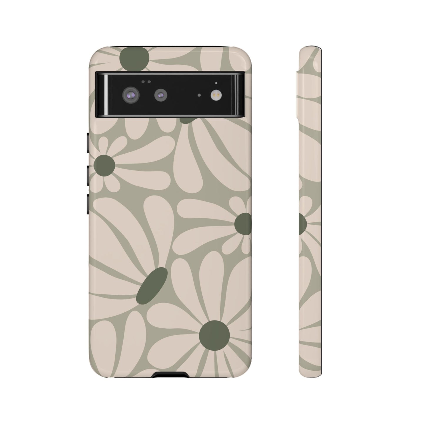 Google Pixel 6 / Glossy Phone Case - ’Retro Cream & Green Daisy Pattern’ Phone Case