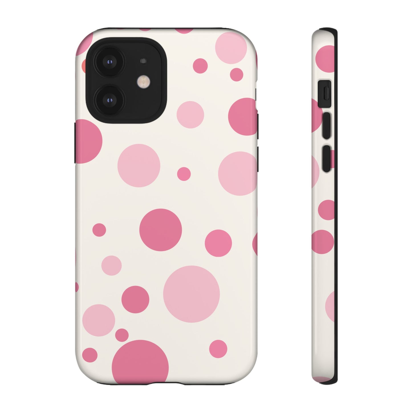 iPhone 12 / Glossy Phone Case - ’Bold White with Pink Dot Pattern’ Phone Case