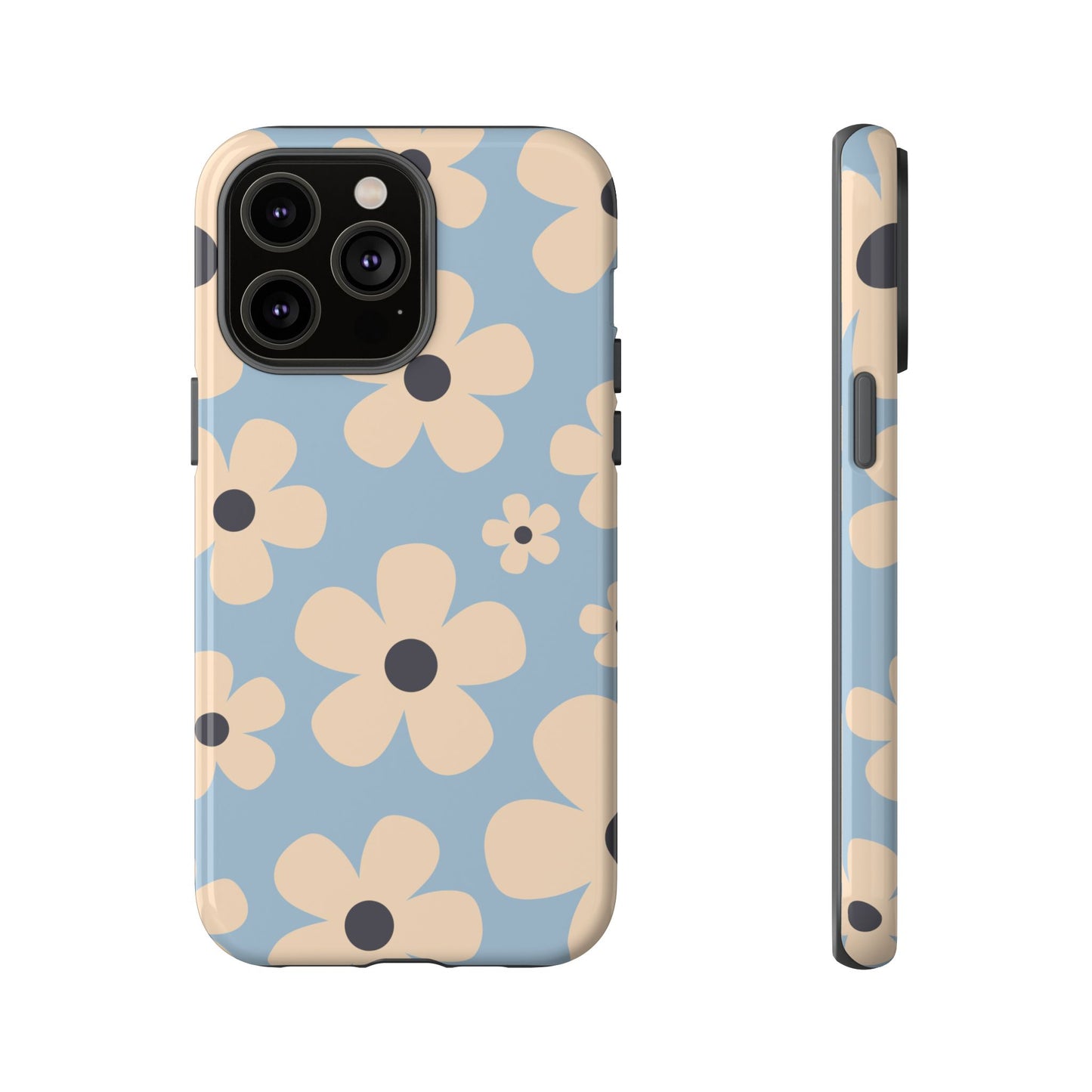 iPhone 14 Pro Max / Glossy Phone Case - Cute Light Blue & Cream Daisy Pattern Phone Case